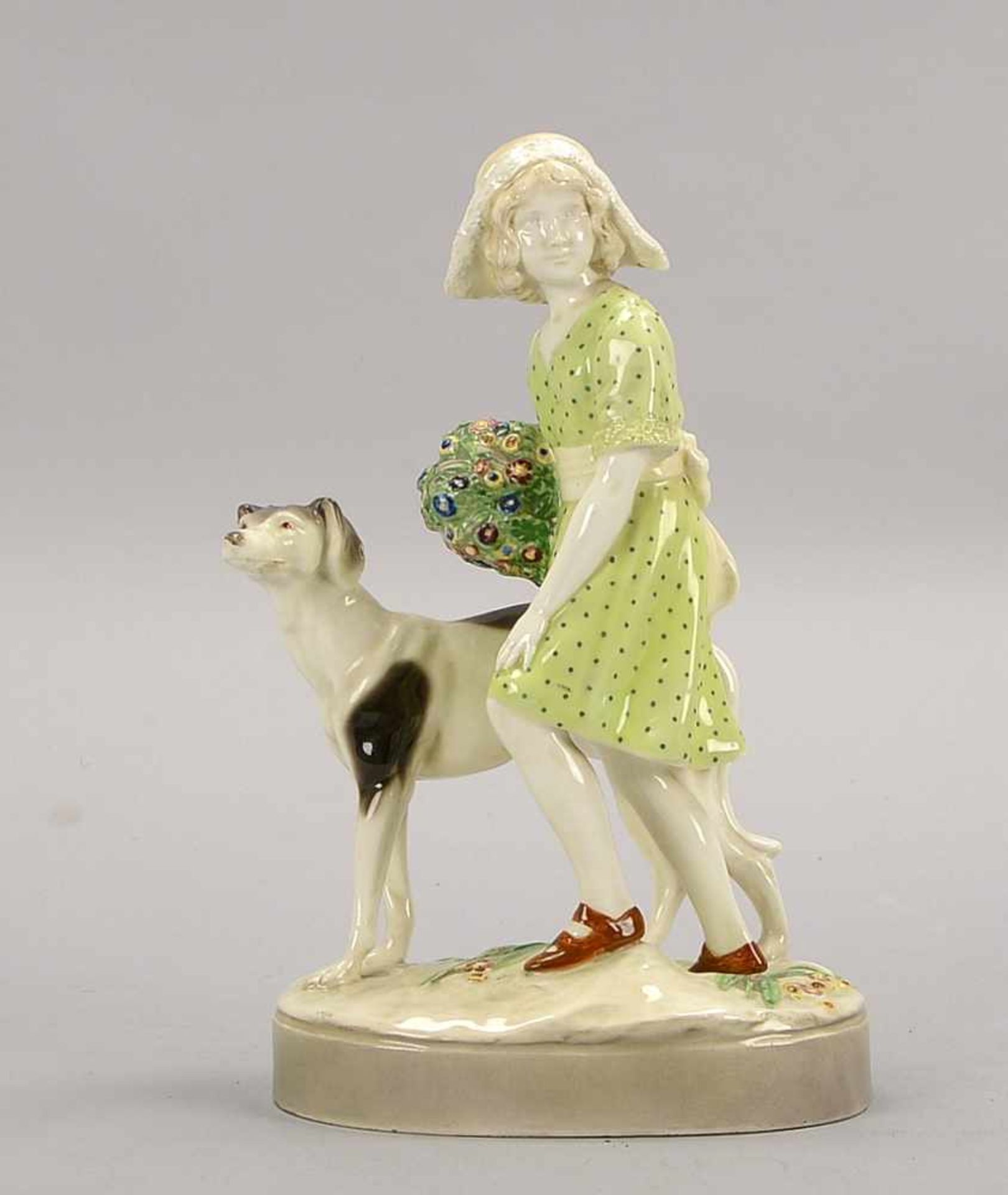 Goldscheider/Wien, Keramikfigur, 'Mädchen mit Windhund', nummeriert, Entwurf: 'Polter', farbig