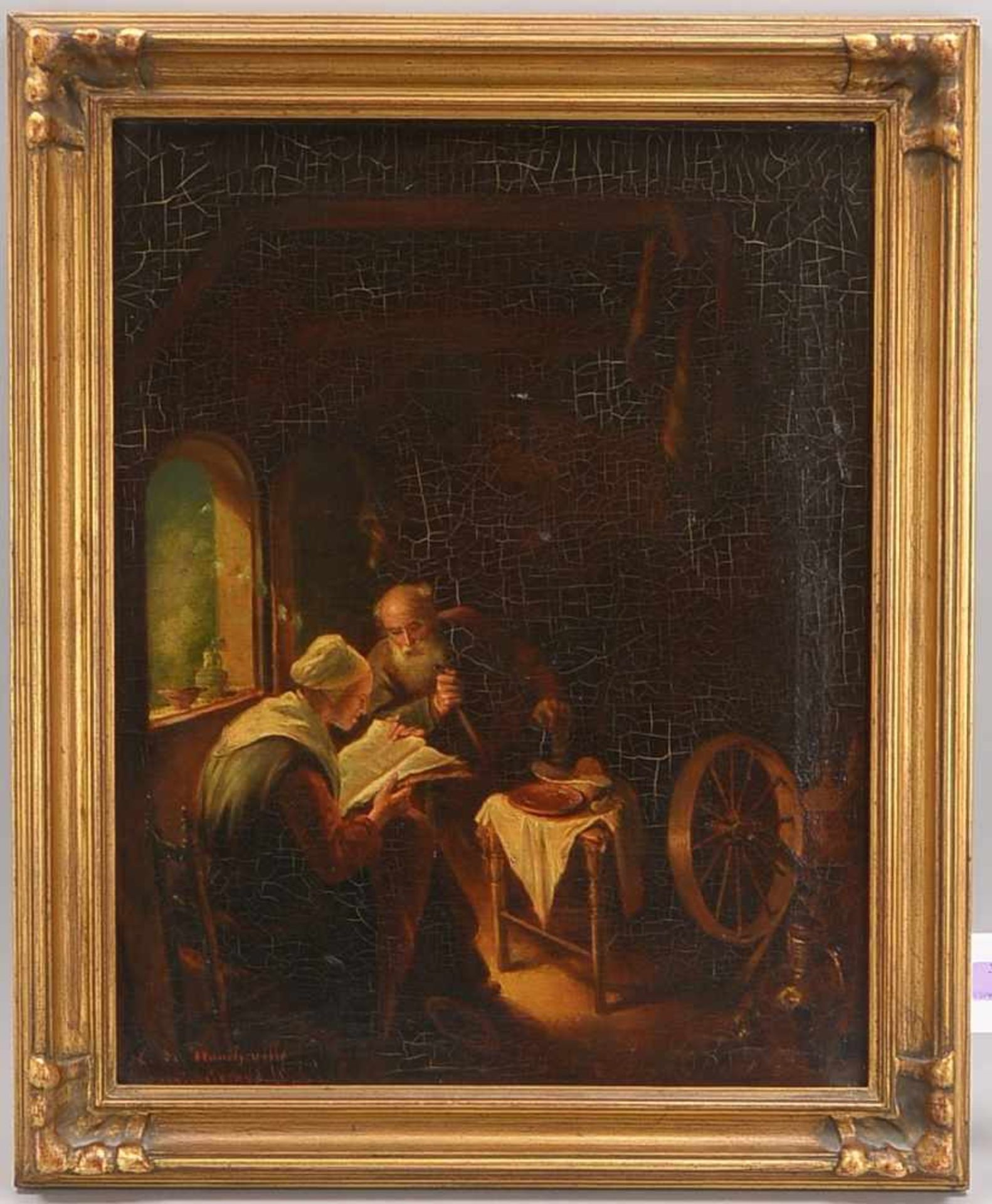 Gemälde, 'Die Vorleserin' (nach Gérard Dou, 1913 - 1675, niederländischer Maler des Barocks), Öl/Lw,