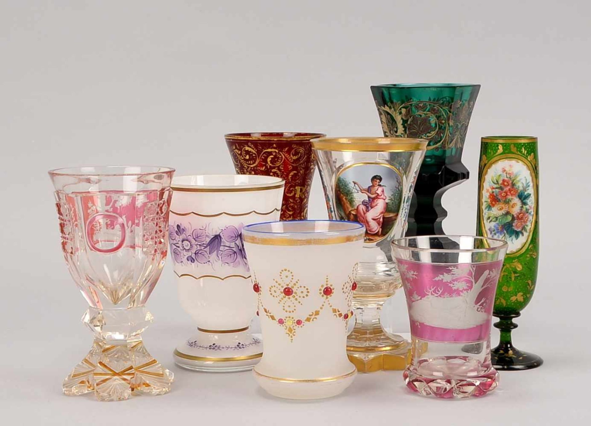 Kleines Lot antikes Glas (aus Glas-Sammlung), 8 Teile: Böhmen, Biedermeier, u.a.