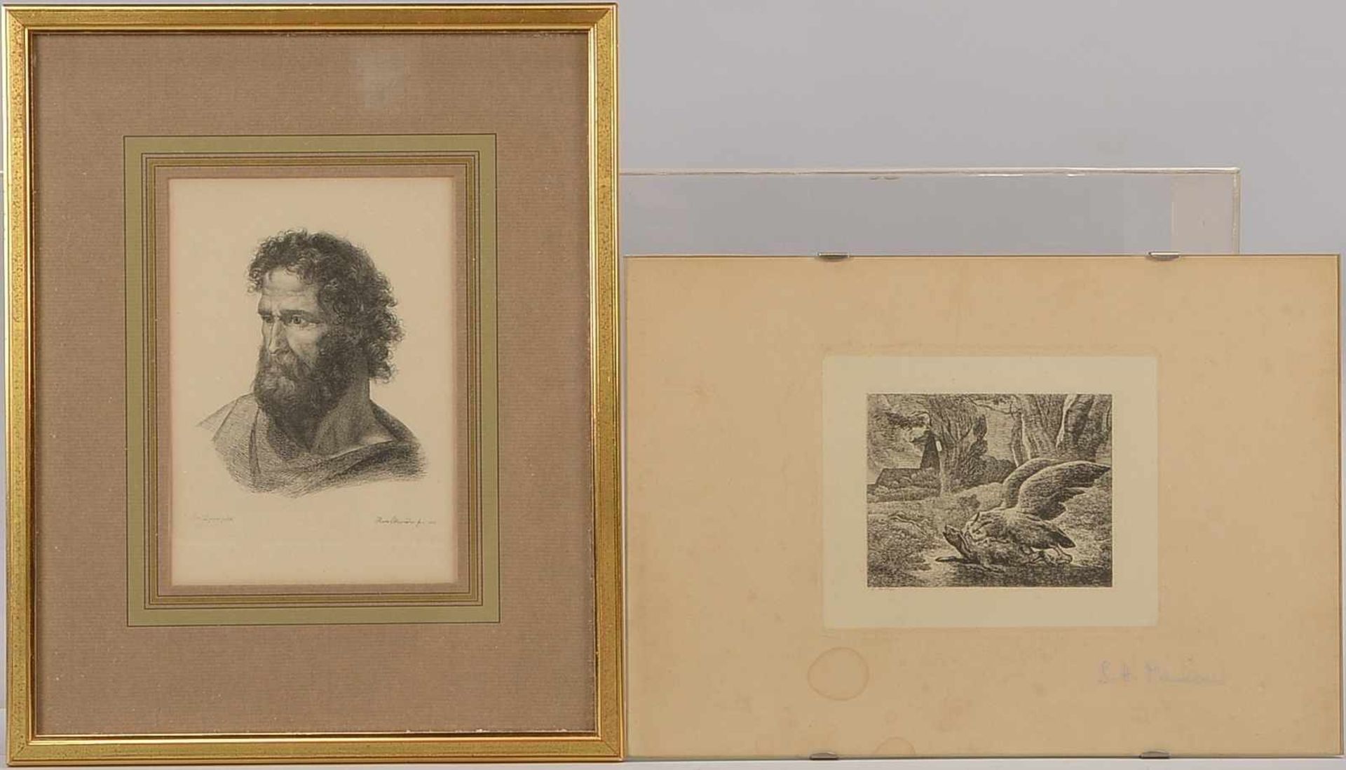 2 alte Radierungen: 1x Menken, Johann Heinrich (1766 - 1839, Bremen), 'Eule mit gerissenem Hasen';