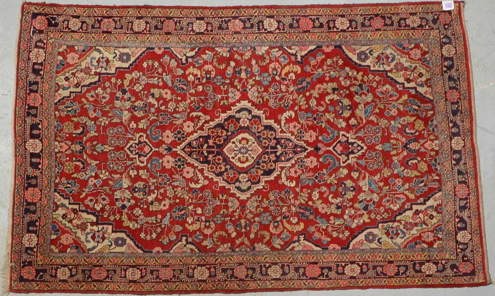 Djosan-Orientteppich, feste Knüpfung, ringsum komplett, Flor in gutem Zustand; Maße 203 x 130 cm