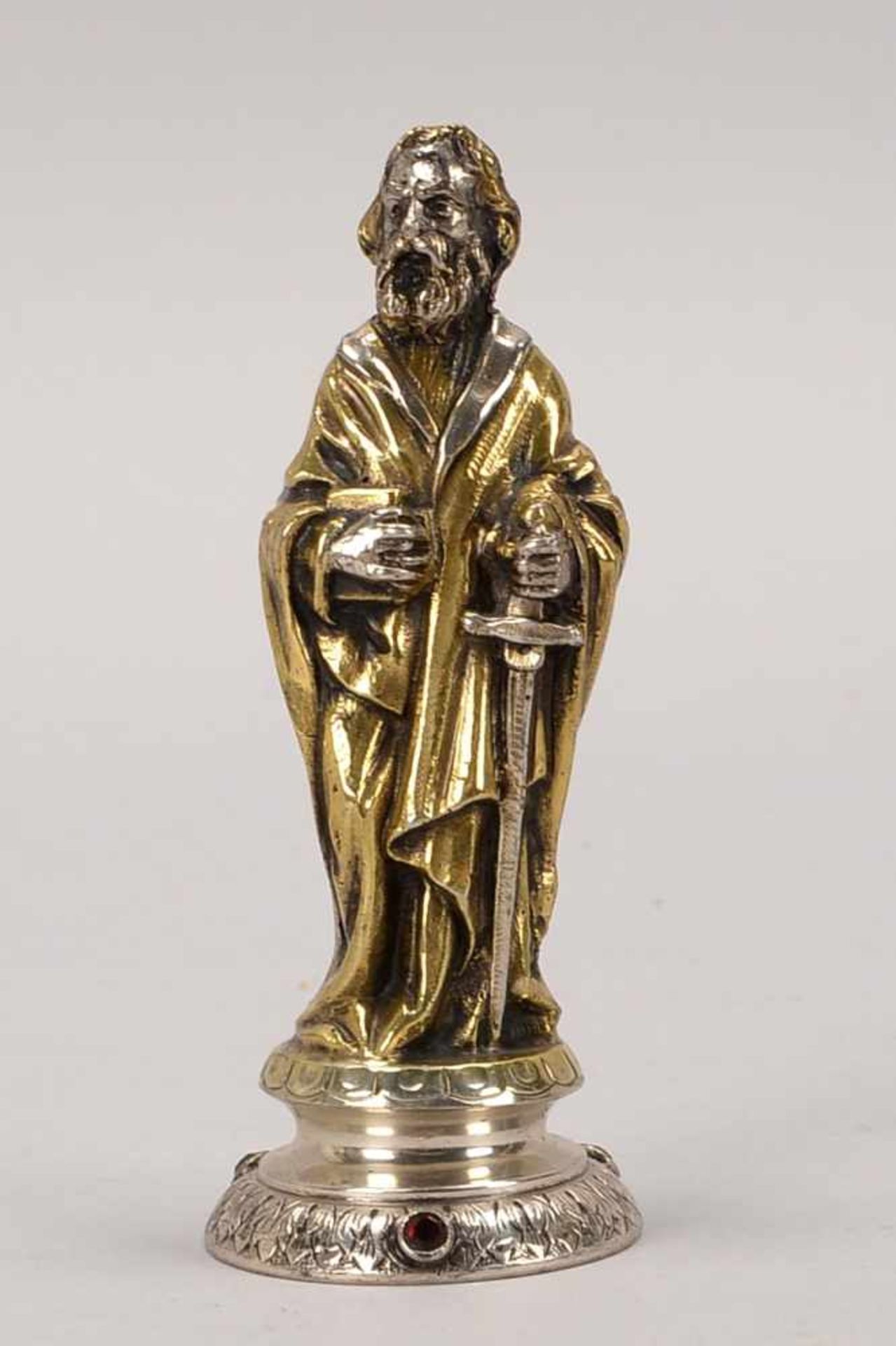 Kleine Silber-Skulptur, 'Apostel', 800 Silber/teilvergoldet, Sockel mit 3-fachem Steinbesatz; Höhe