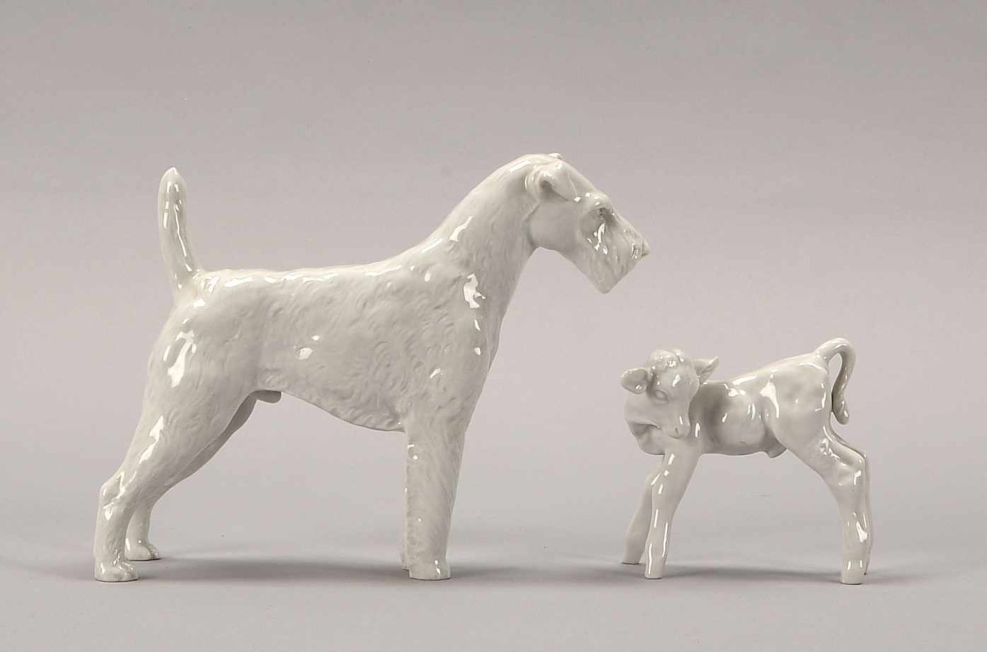 Meissen, 2 Weißporzellan-Tierfiguren: 1x 'Foxterrier', Entwurf: Erich Oehme (1937), Höhe 15 cm;