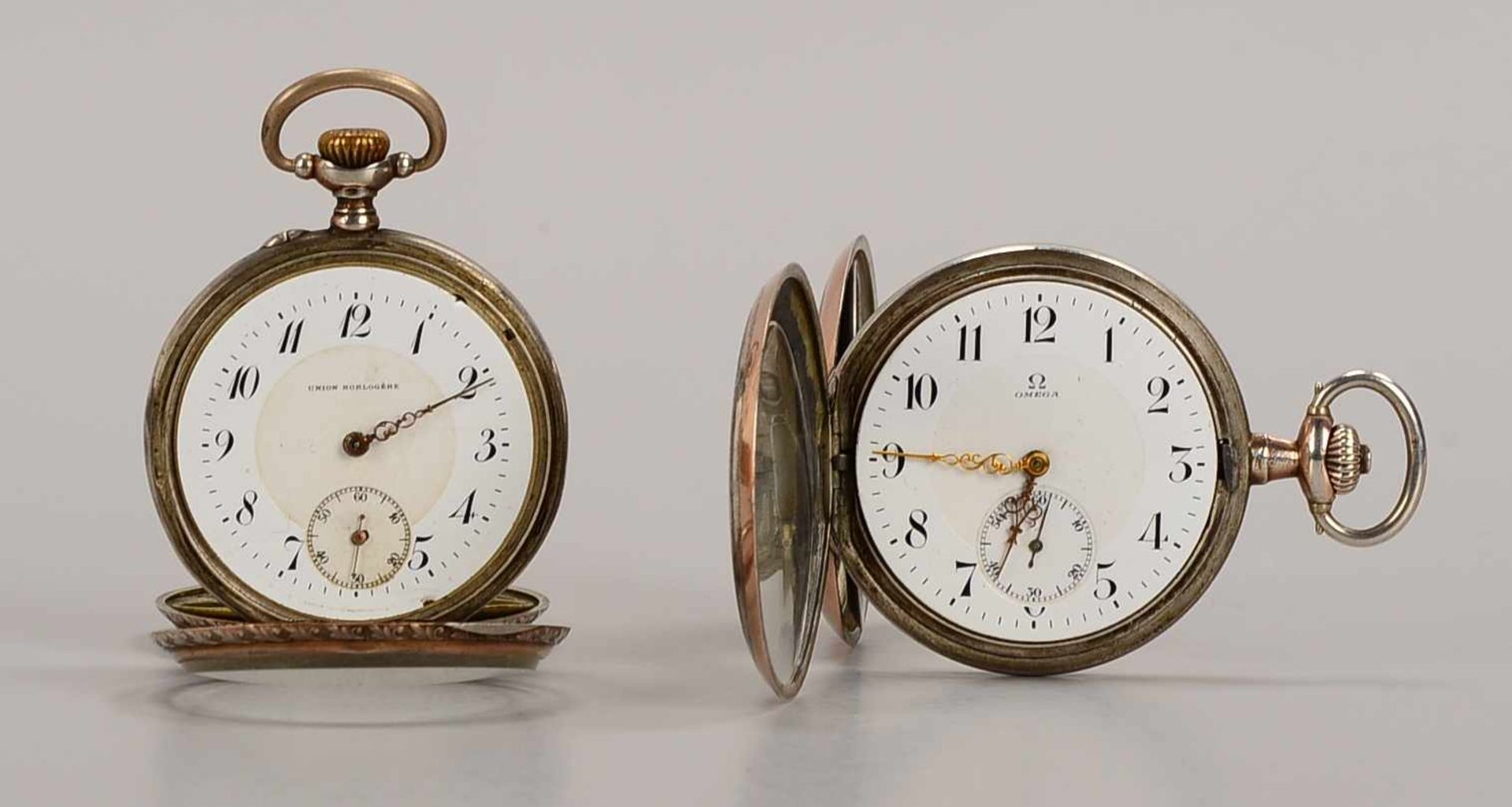 2 Taschenuhren, 800 Silber-Gehäuse: 1x Omega, läuft; und 1x Union Horlogère, läuft an; Durchmesser
