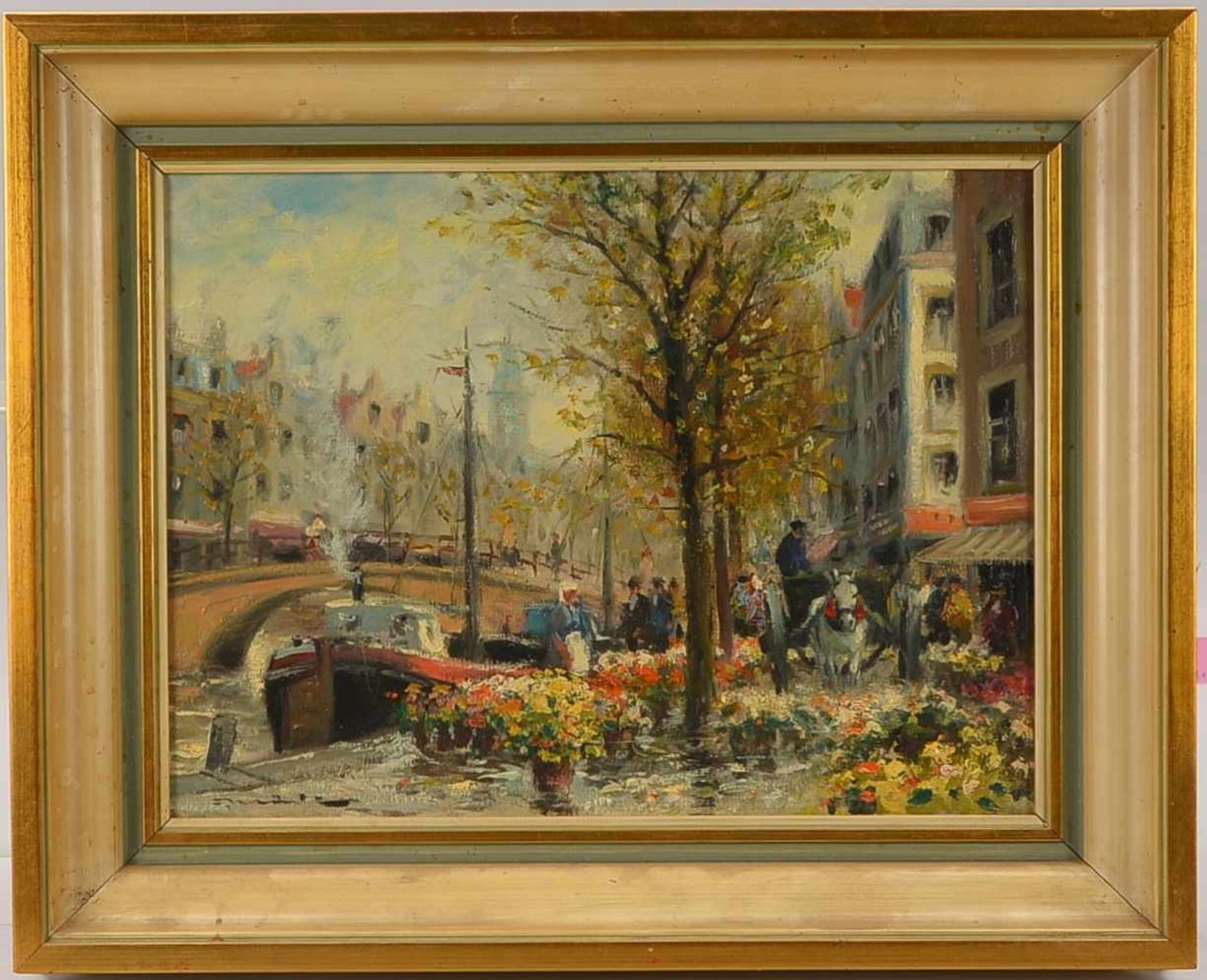 Gemälde, 'Blumenmarkt an der Gracht', Öl/Lw, unten links unleserlich signiert; Bildmaße 30 x 40