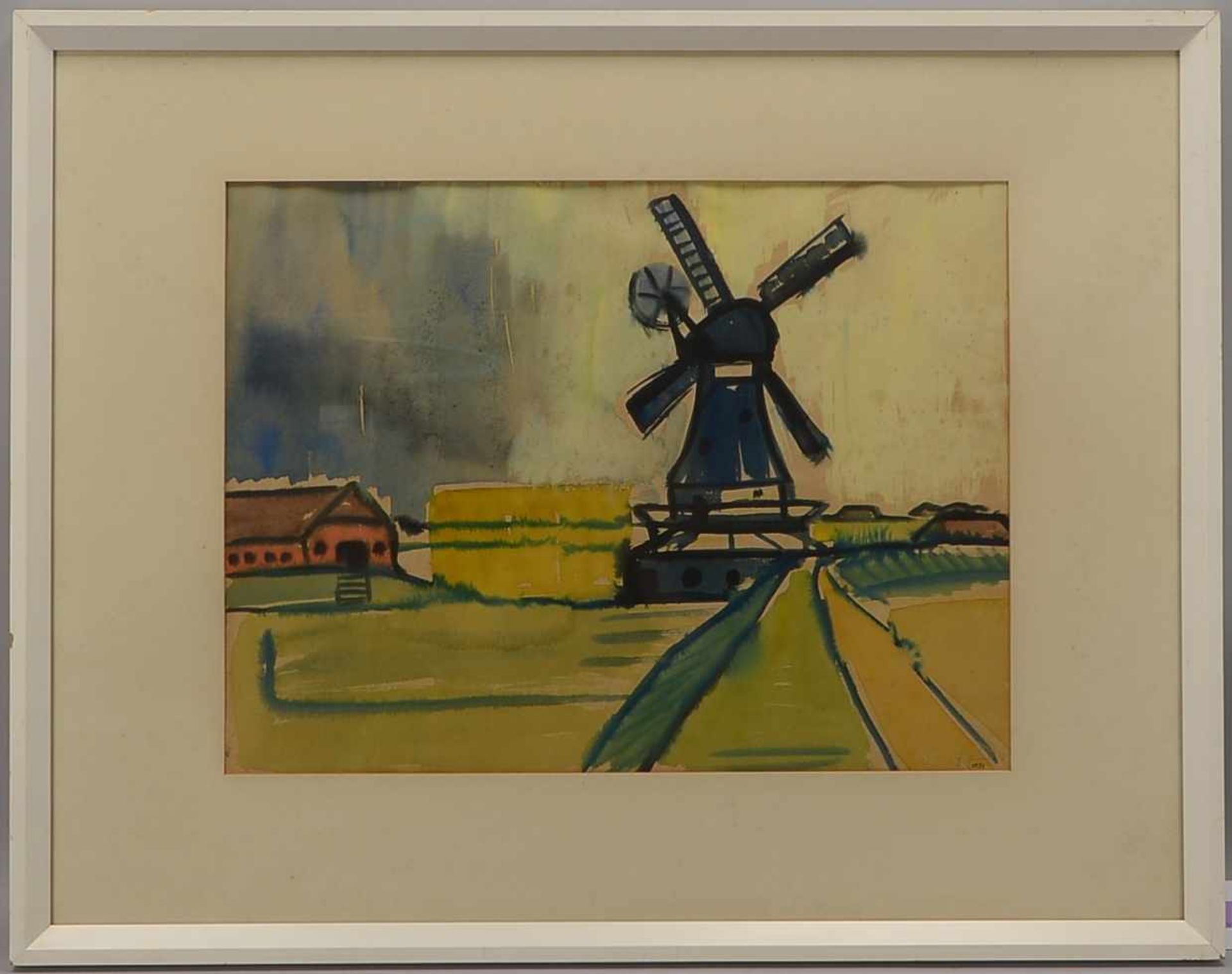 Hinrichs, Erwin (1904 - 1962), 'Norddeutsche Landschaft mit Windmühle', Aquarell auf Malpapier,
