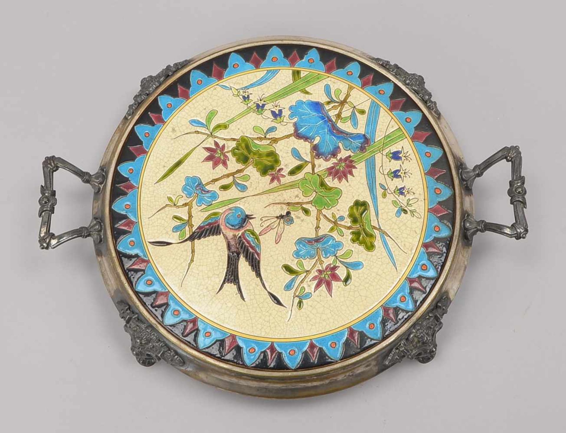 WMF, Tortenplatte, Keramik, polychromes florales Motiv (Blumen mit Vogel und Schmetterling), - Bild 2 aus 2