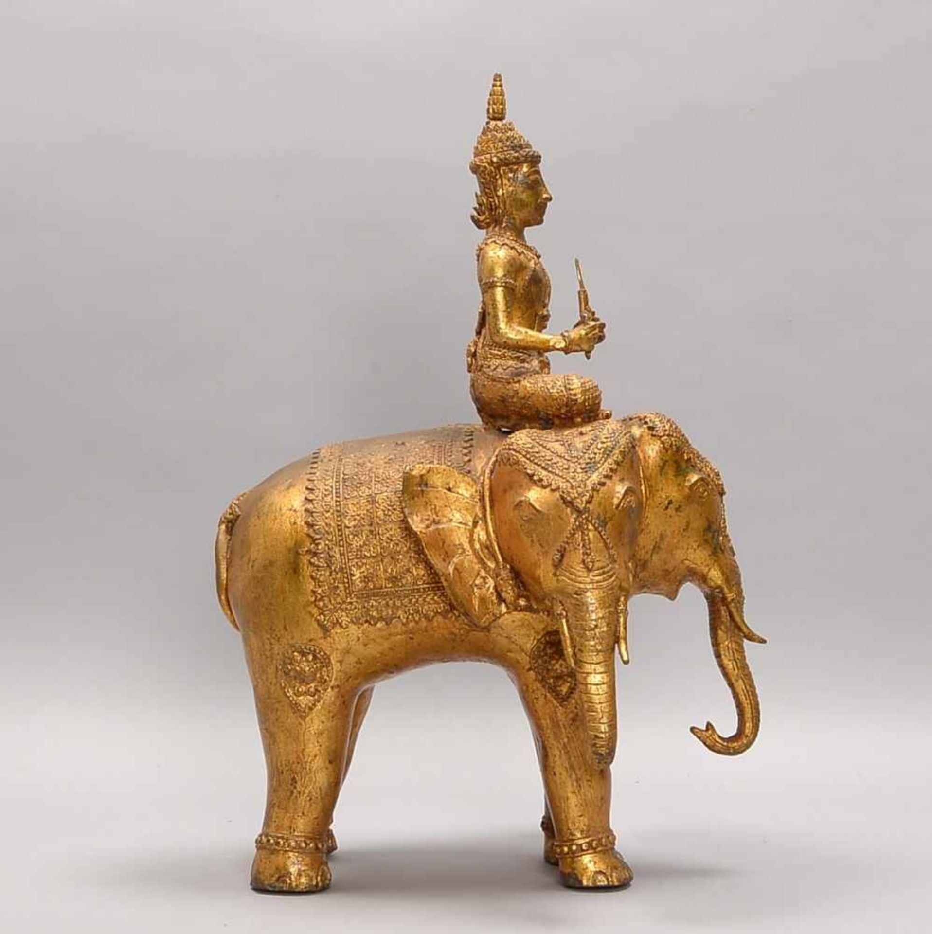 Bronzefigur/Guss(?), gefüllt und vergoldet, Thailand/Anfang 20. Jahrhundert, 'Indra auf Erawan' ( - Bild 2 aus 2