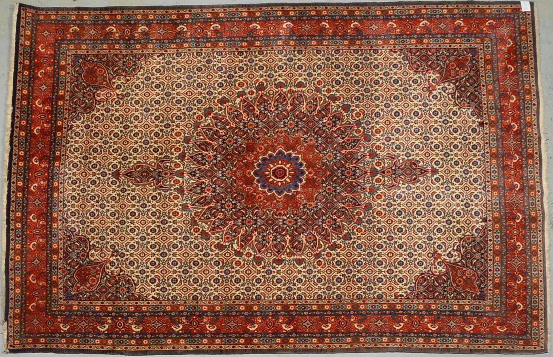 Moud, feste Knüpfung, hoher Flor/in gutem Zustand; Maße 305 x 200 cm (1x Ecke mit Gebrauchsspuren)