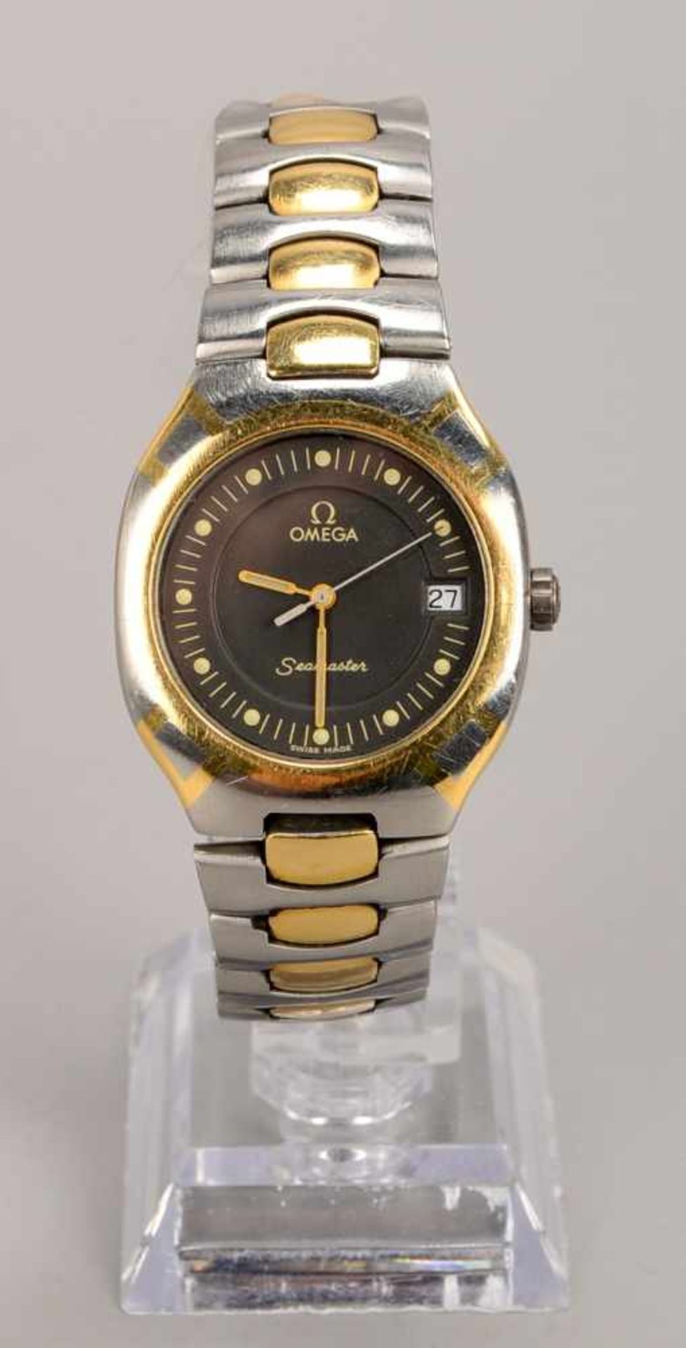 Herren-Armbanduhr, Omega 'Seamaster', Stahl-Armband mit 750 Gold-Auflage, mit Datumsanzeige, im