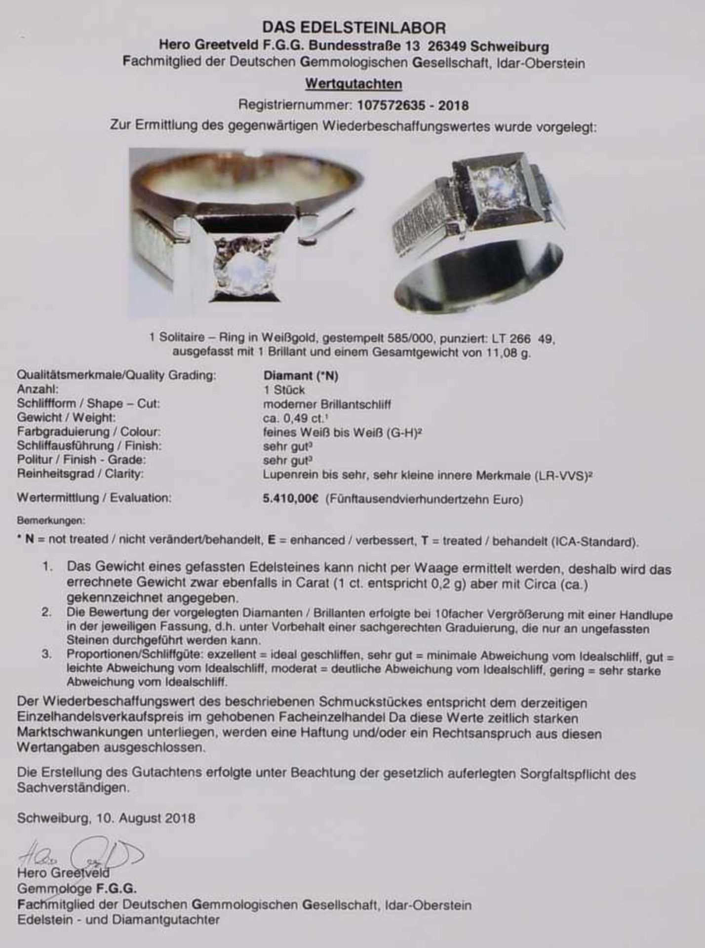 Ring, 585 WG, mit Brillant von 0,49 ct (gez.); RG 65, Gewicht 11,08 g (Expertise anbei) - Bild 3 aus 3