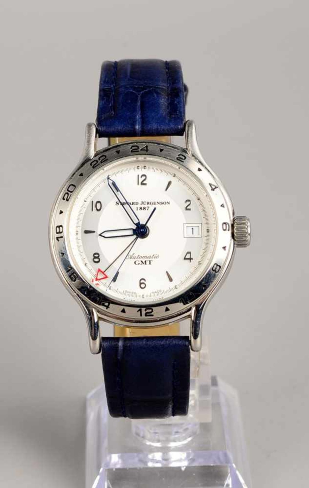 Herren-Armbanduhr, Stovard Jürgenson, Automatic, läuft; an blauem Leder-Armband, im original Kasten