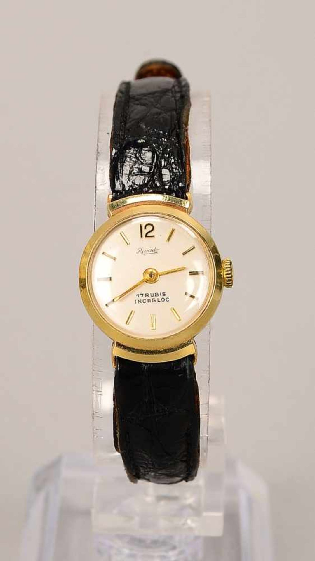 Damen-Armbanduhr, Rivado, 585 GG-Gehäuse, Uhr läuft an, mit Lederarmband in Kroko-Prägung;