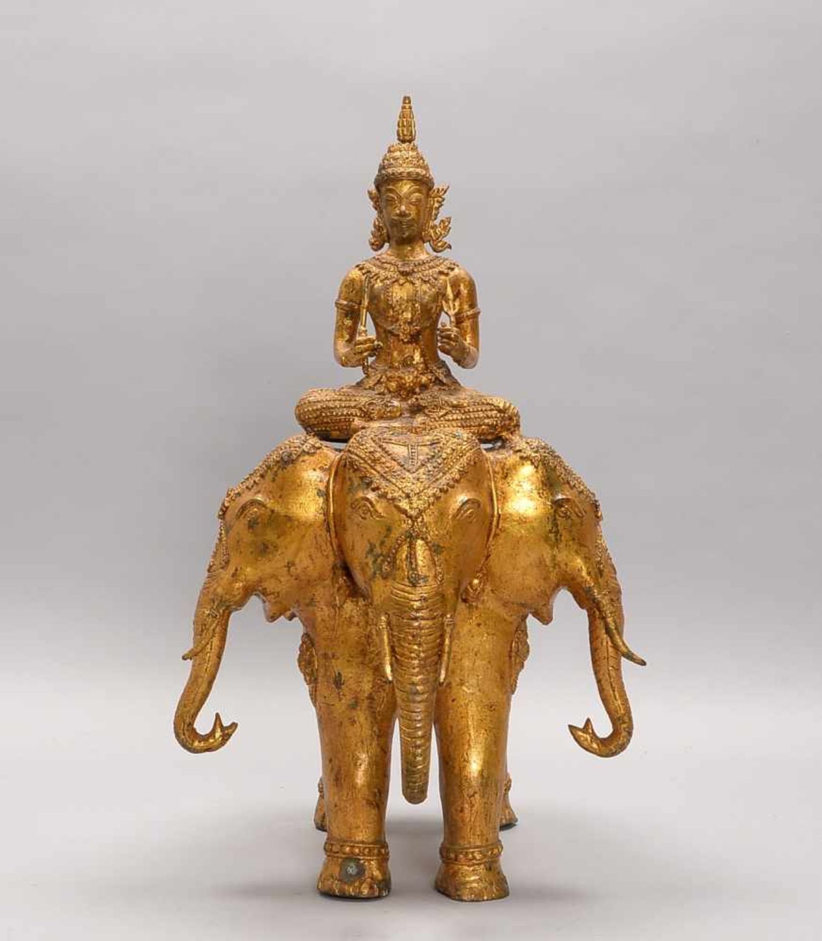 Bronzefigur/Guss(?), gefüllt und vergoldet, Thailand/Anfang 20. Jahrhundert, 'Indra auf Erawan' (