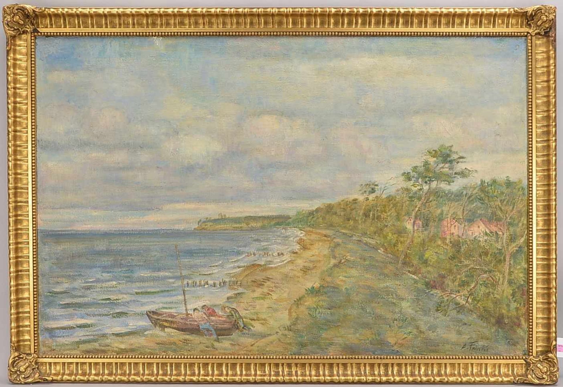 Fricke, August (1875 Wattenscheid - 1948 Bremen), 'Küstenlandschaft mit Fischern', Öl/Lw, unten