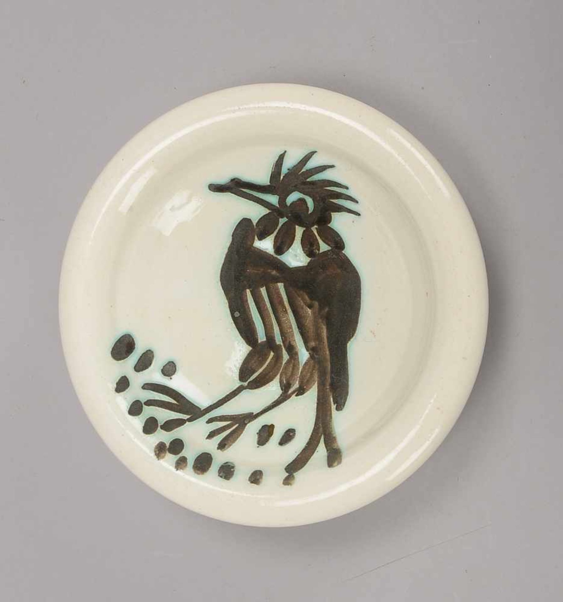 Madoura/Vallauris, Keramikschale, 'Bird', weißes Steingut/partiell farbig gefasst und glasiert,