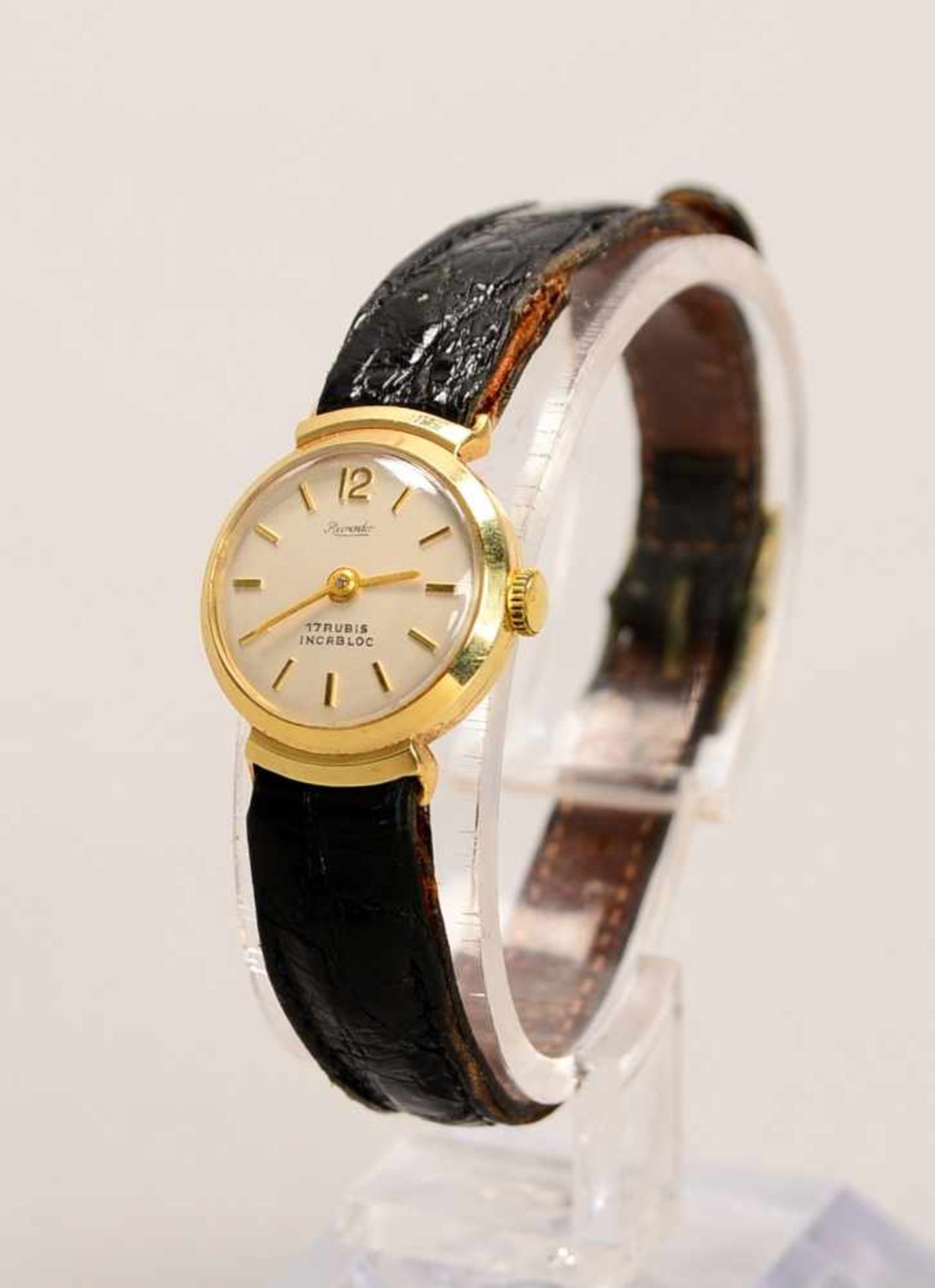 Damen-Armbanduhr, Rivado, 585 GG-Gehäuse, Uhr läuft an, mit Lederarmband in Kroko-Prägung; - Bild 2 aus 2