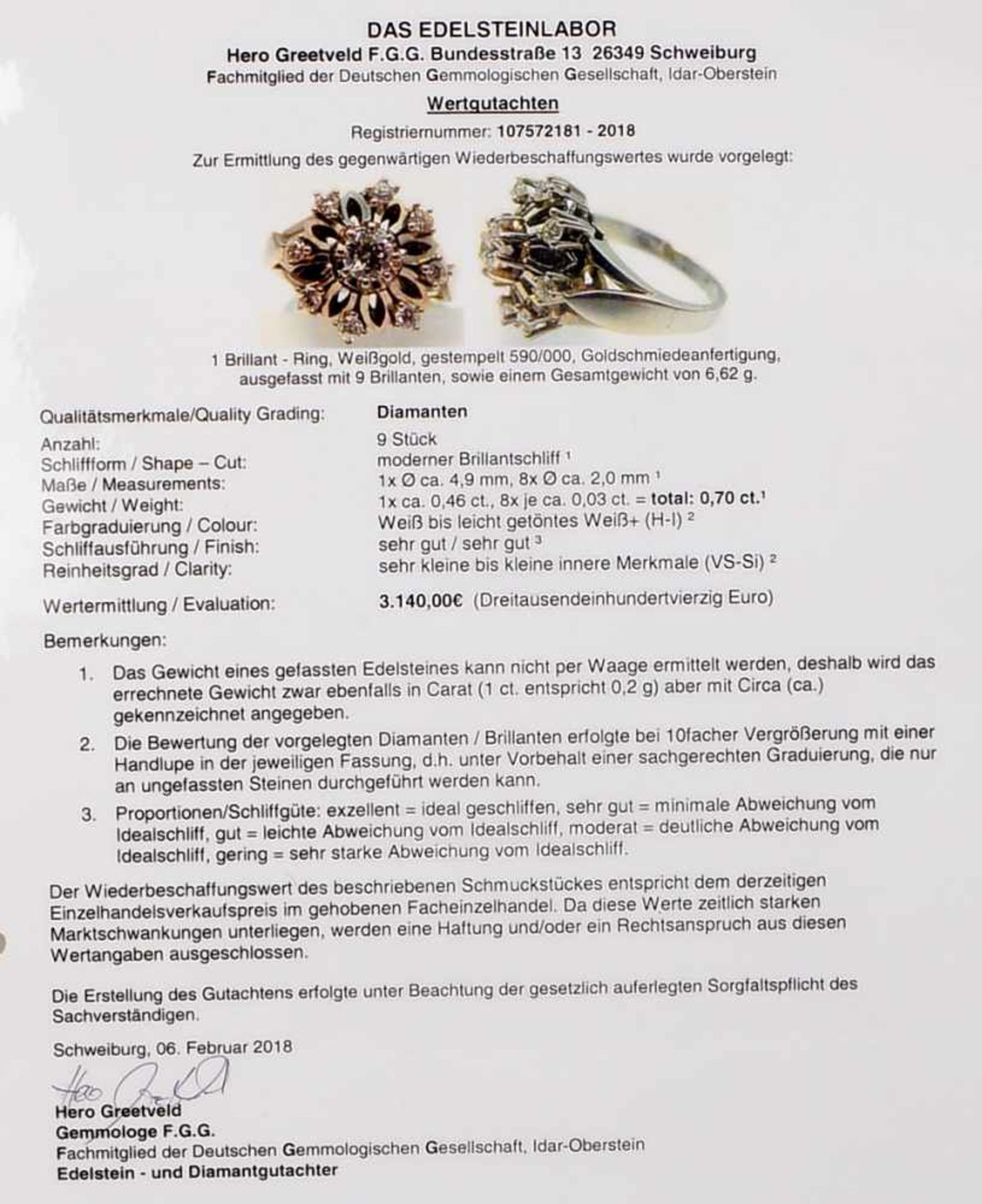 Ring, 590 WG, mit 9-fachem Brillantbesatz/zusammen ca. 0,7 ct; RG 54, Gewicht 6,62 g (Expertise - Bild 3 aus 3