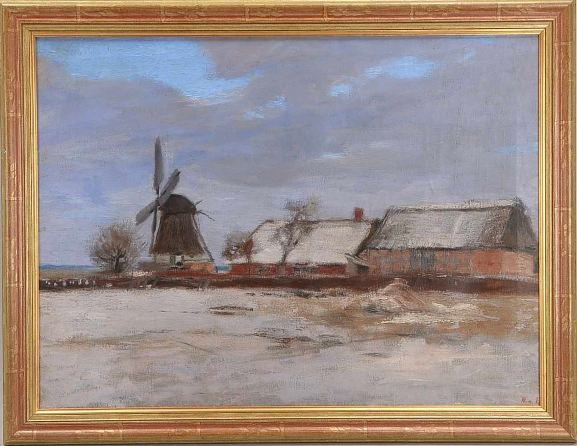 Hans am Ende (1864 Trier - 1918 Stettin), 'Winterlandschaft' ( Blick auf die Worpsweder Mühle), Öl/