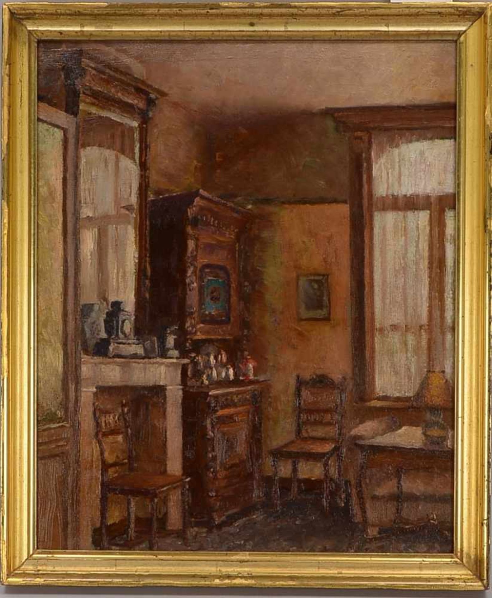 Gemälde (belgischer Künstler, um 1900), 'Stuben-Stillleben mit Interieur', Öl/Lw; Maße 46,5 x 38,5
