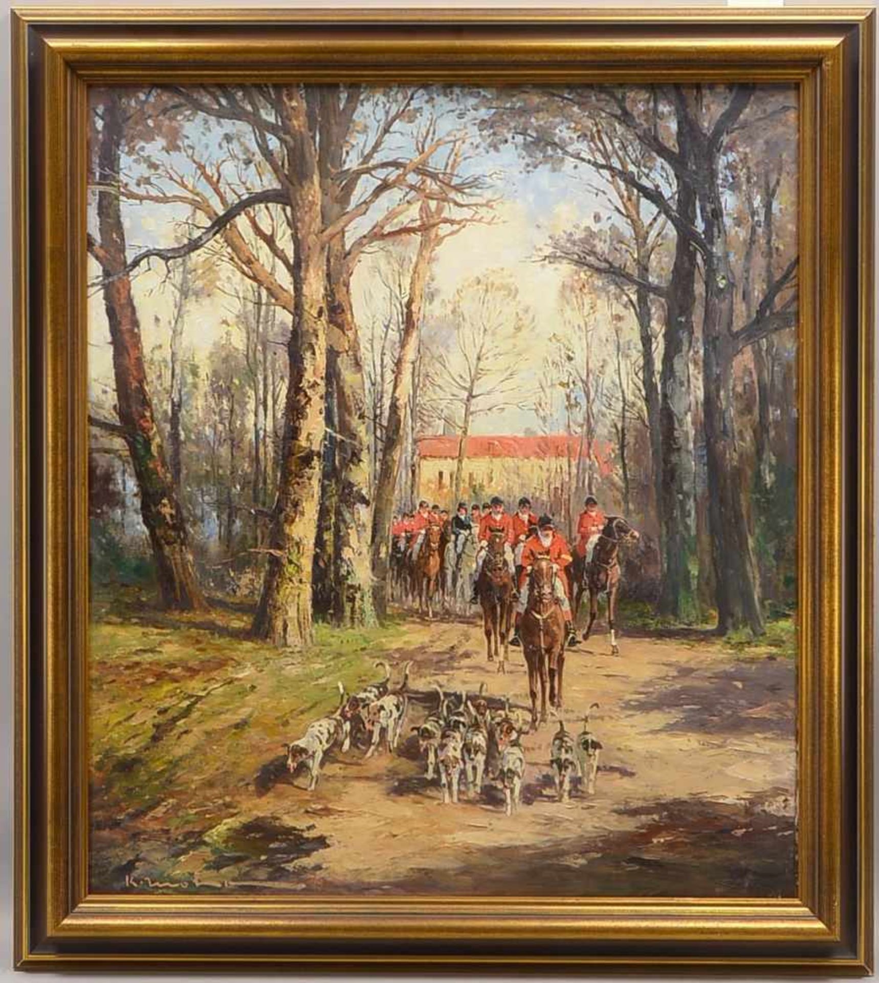 Gemälde, 'Jagdgesellschaft', Öl/Lw, unten links unleserlich signiert; Bildmaße 80 x 70 cm,