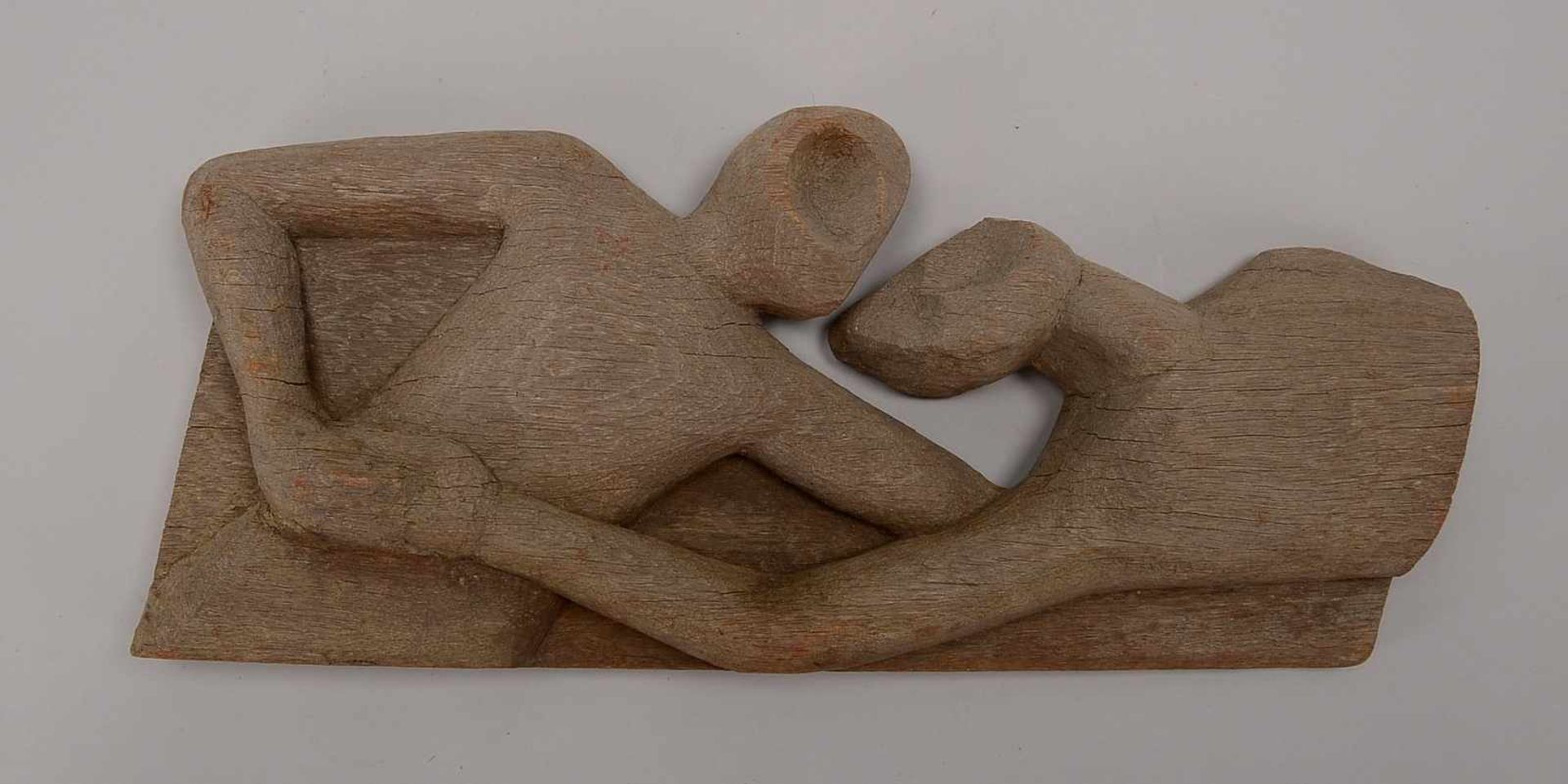 Holzskulptur, Eichenholz, alt, Darstellung zweier Personen, unsigniert; Höhe 22 cm, Breite 55 cn