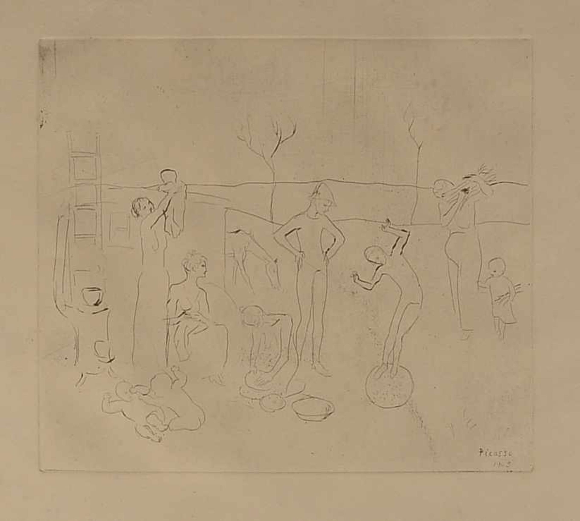 Picasso, Pablo (1881 Malaga - 1973 Mougins), 'Les Saltimbanques' (aus der gleichnamigen Serie),