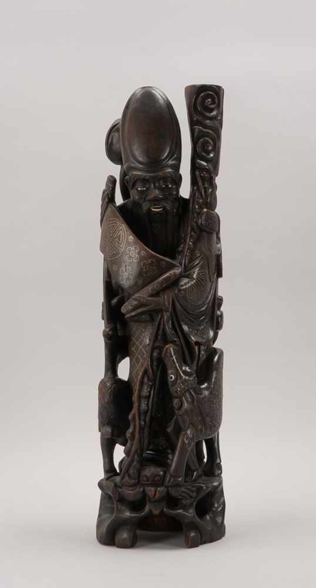 Holzskulptur, China, 'Konfuzius', Hartholz geschnitzt und mit Silberdraht verziert; Höhe 64,5 cm