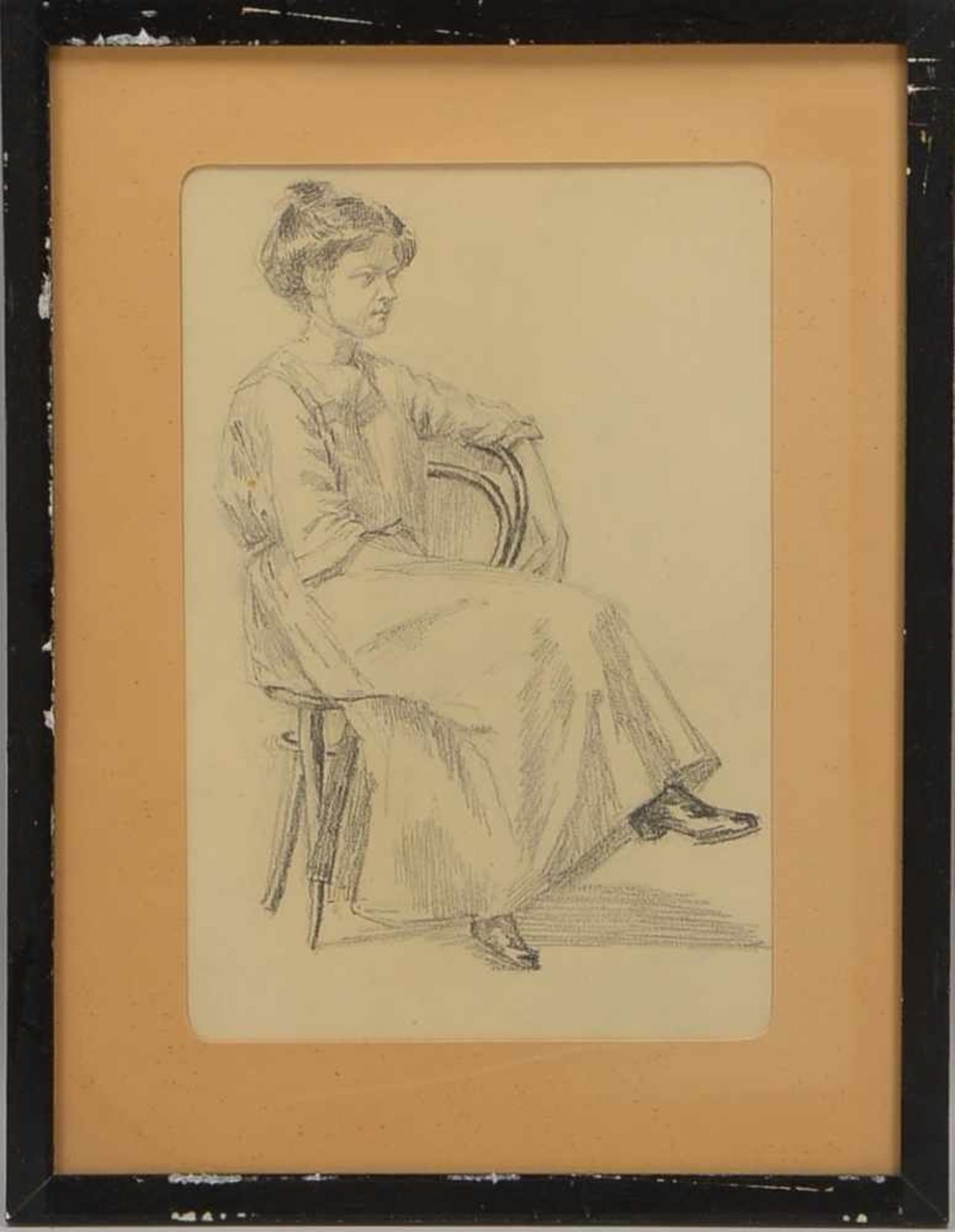 Wiegandt, Bertha (zugeschrieben), 'Dame auf Stuhl sitzend', Bleistiftzeichung, unsigniert, unter