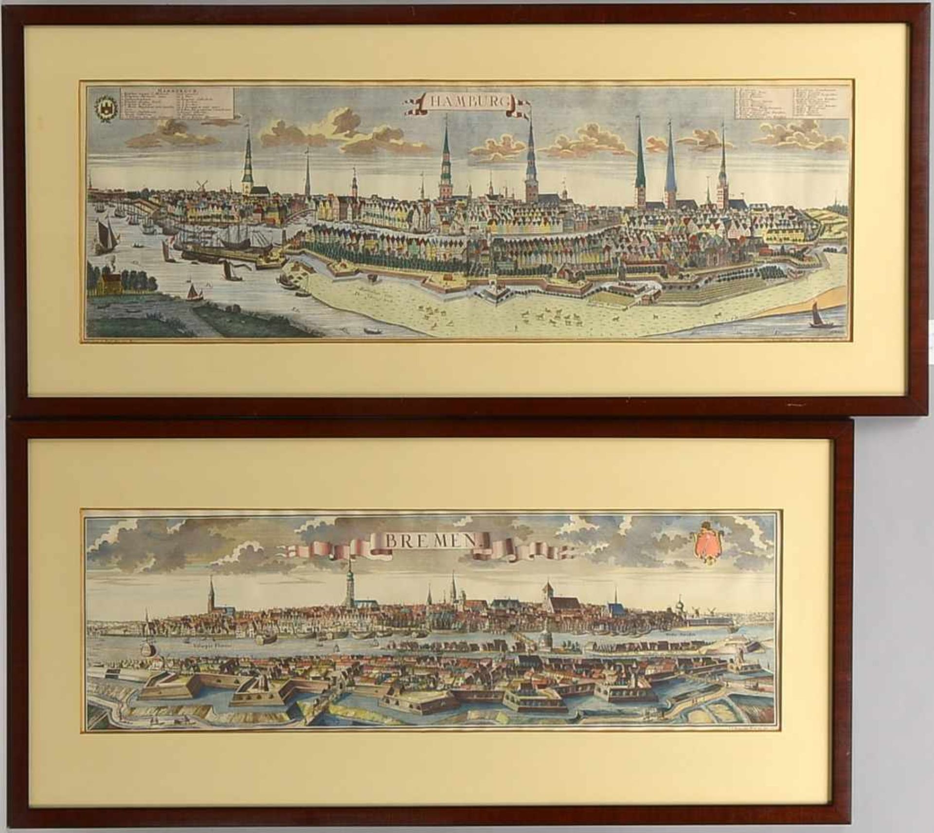 2 Landkarten, 'Hamburg', und 'Bremen', kolorierte Stiche, jeweils hinter Glas gerahmt; 1x Maße 112 x