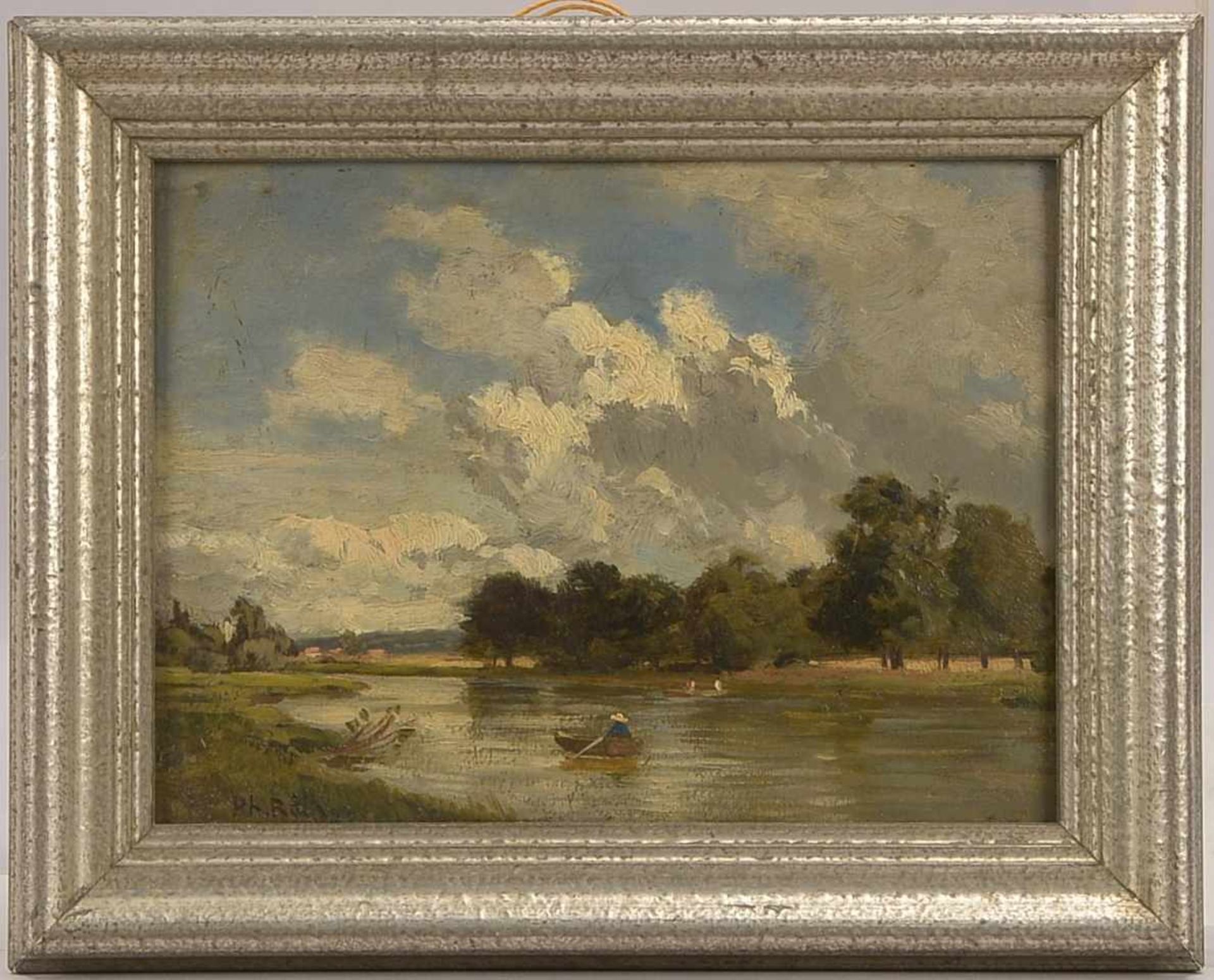 Röth, Philipp (1841 - 1921), 'Flusslandschaft mit Ruderboot', Öl auf Malkarton/gerahmt, unten