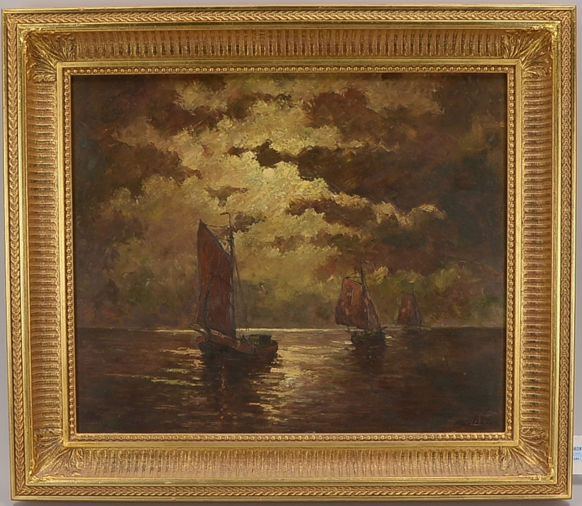 Harländer, Hans (1880 - 1943), 'Fischkutter im Mondlicht', Öl auf Holz, unten rechts signiert;