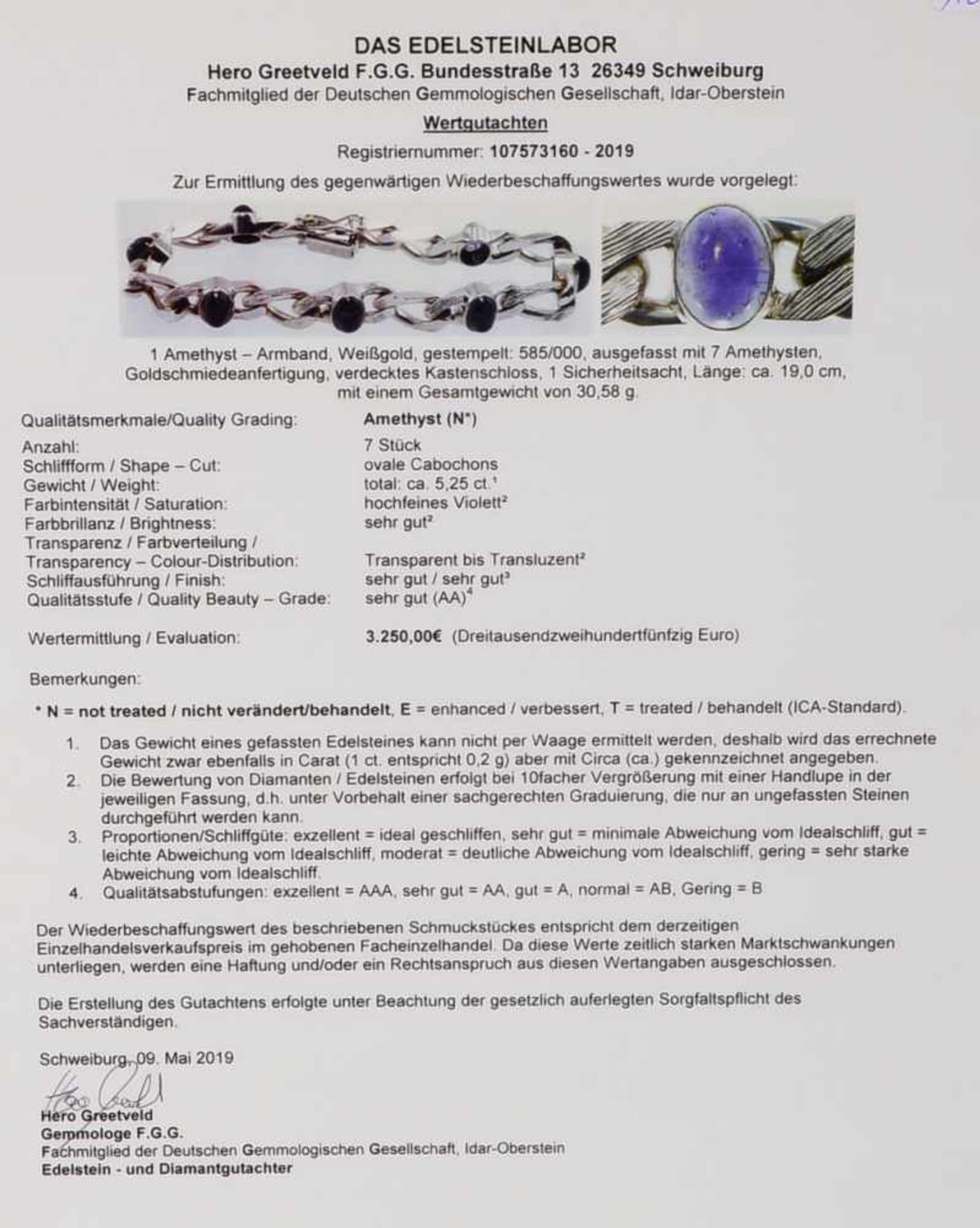 Armband, 585 WG, mit 7-fachem Amethystbesatz/zusammen 5,25 ct; Länge 19 cm, Gewicht 30,58 g ( - Bild 3 aus 3