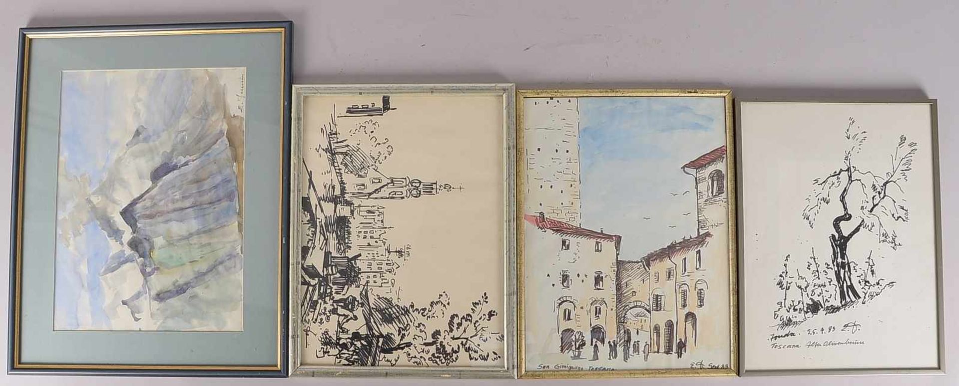 Dammin, Erich (1911 - 1997), kleines Werkkonvolut, Aquarelle/Zeichnungen, 'Italienreise', 4 Blätter,