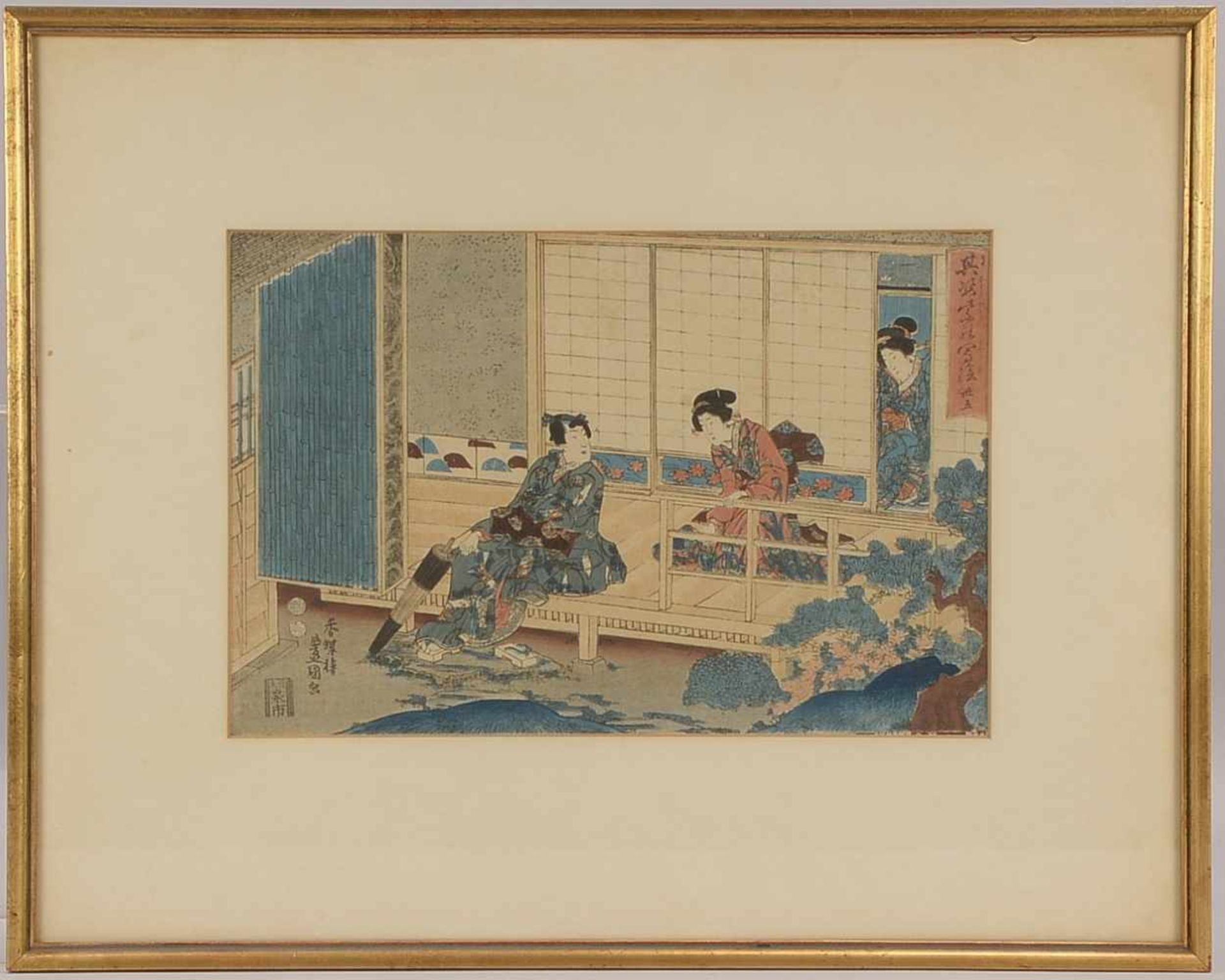 Druckgrafik (Japan), 'Geishas', koloriert, unter Passepartout hinter Glas gerahmt; Blattmaße 22 x