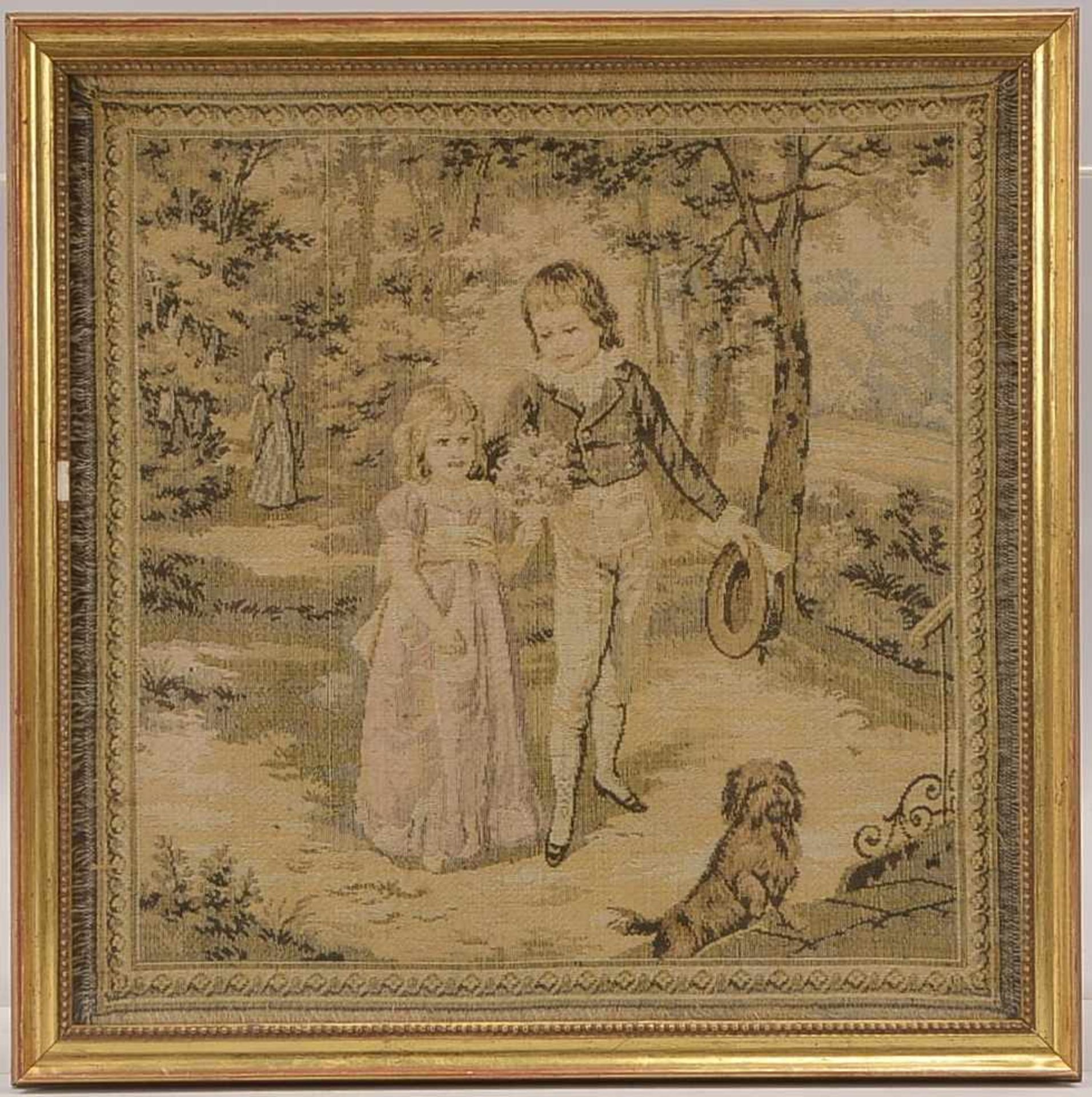 Bildstickerei, 'Kinderszene mit Hund', gerahmt; Bildmaße 26,5 x 26,5 cm, Rahmenmaße 29 x 29 cm