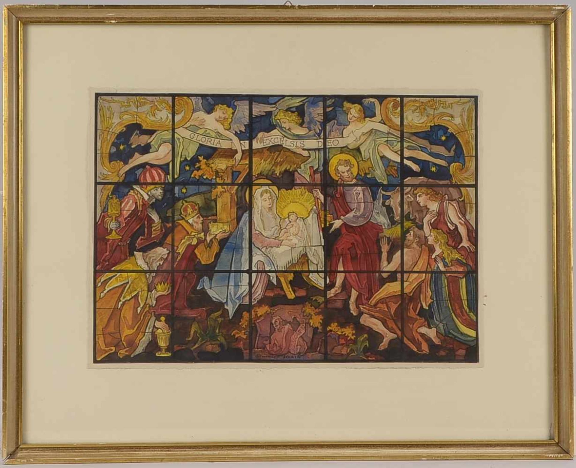 Entwurf für Kirchen-Glasfenster, aquarellierte Zeichnung, signiert 'Gottfried Klein', hinter Glas