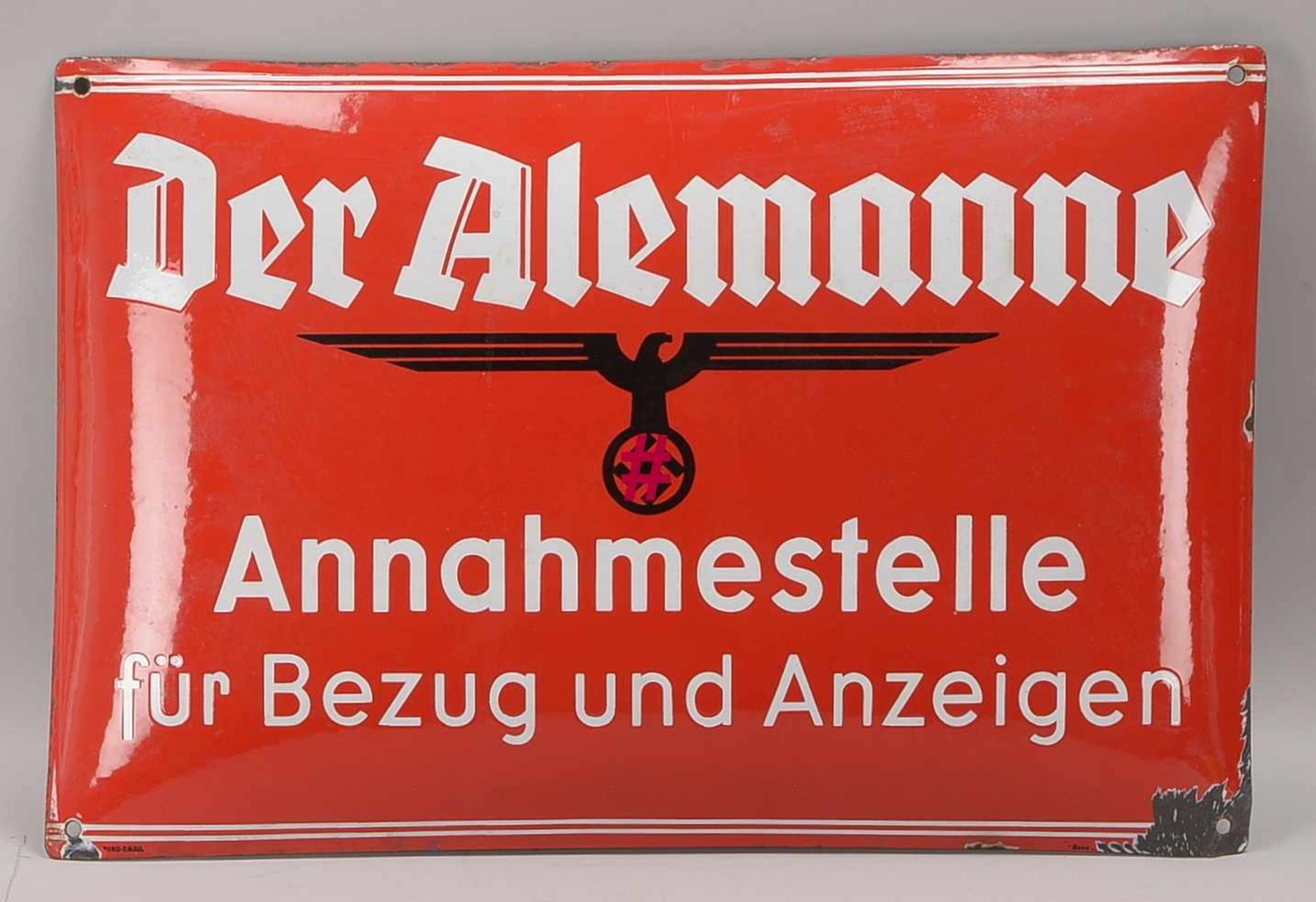 Emaille-Schild, 'III. Reich': 'Der Alemanne', schabloniert 'Boos & Hahn, Ortenburg', top in Glanz