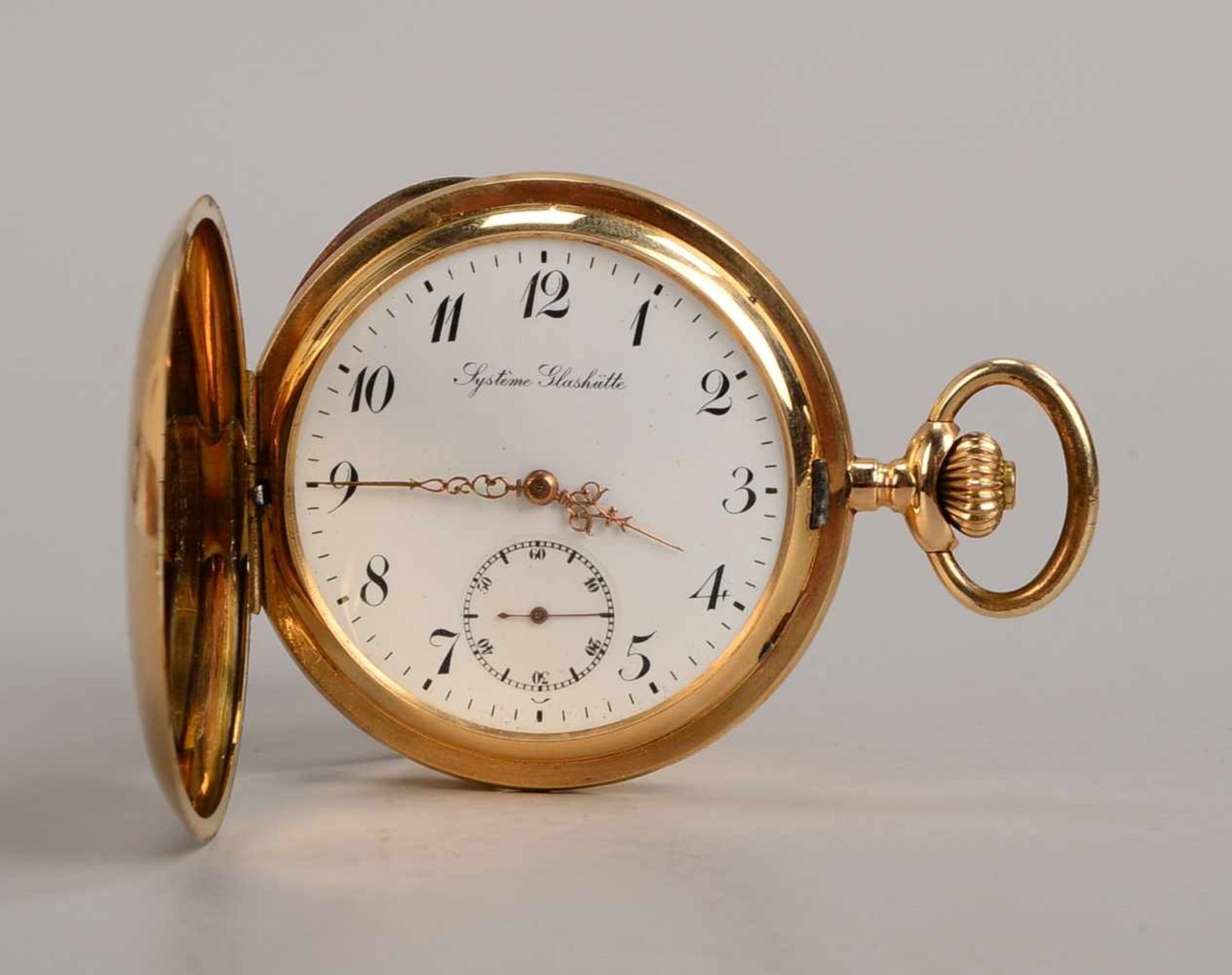 Taschenuhr, System Glashütte, 585 GG, 3 Golddeckel, Sekundenanzeige auf der '6', Uhr läuft an;