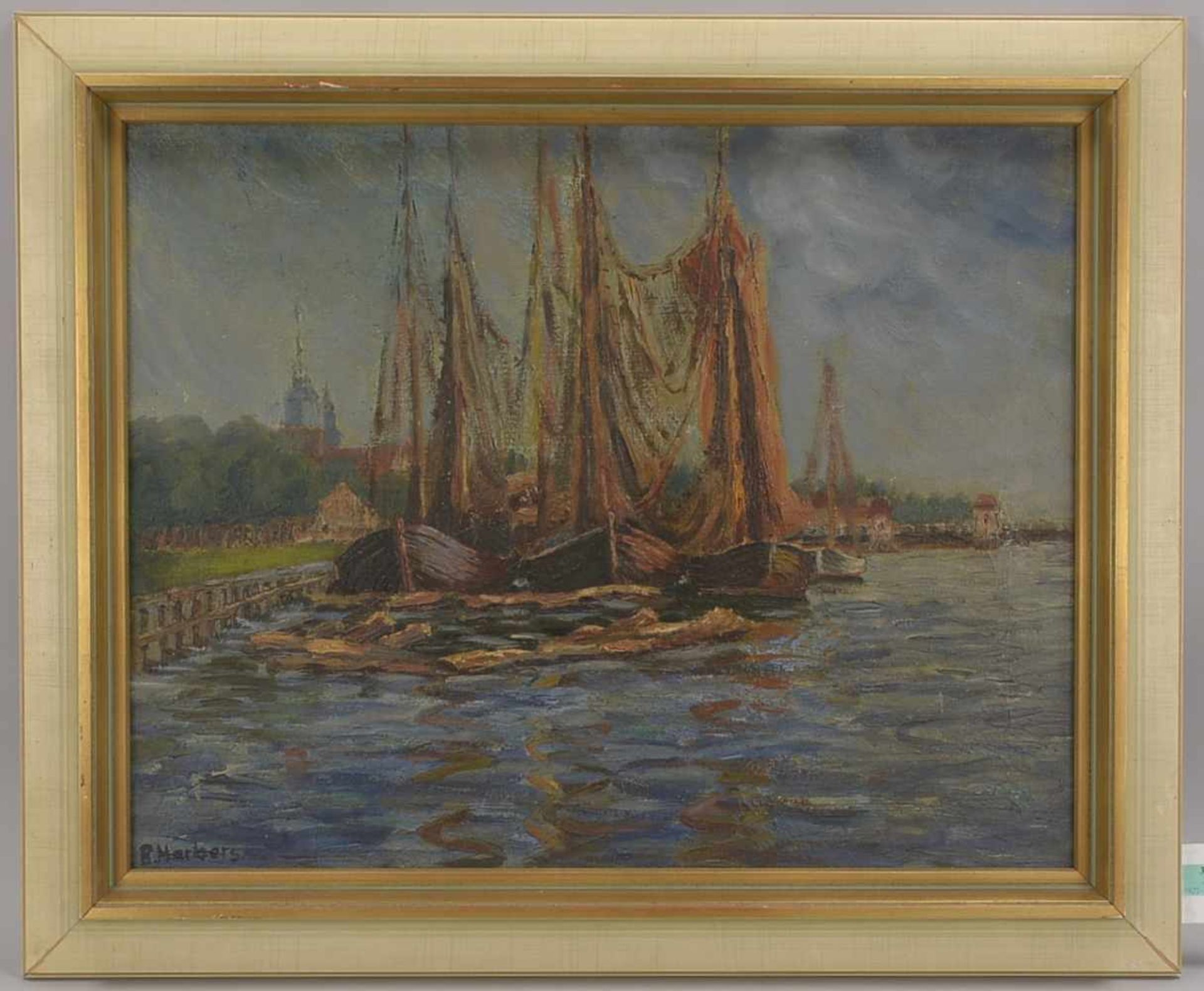 Harbers, Bertha (1880 - 1977), 'Greifswalder Hafenansicht mit Kuttern', Öl/Lw, unten links signiert;