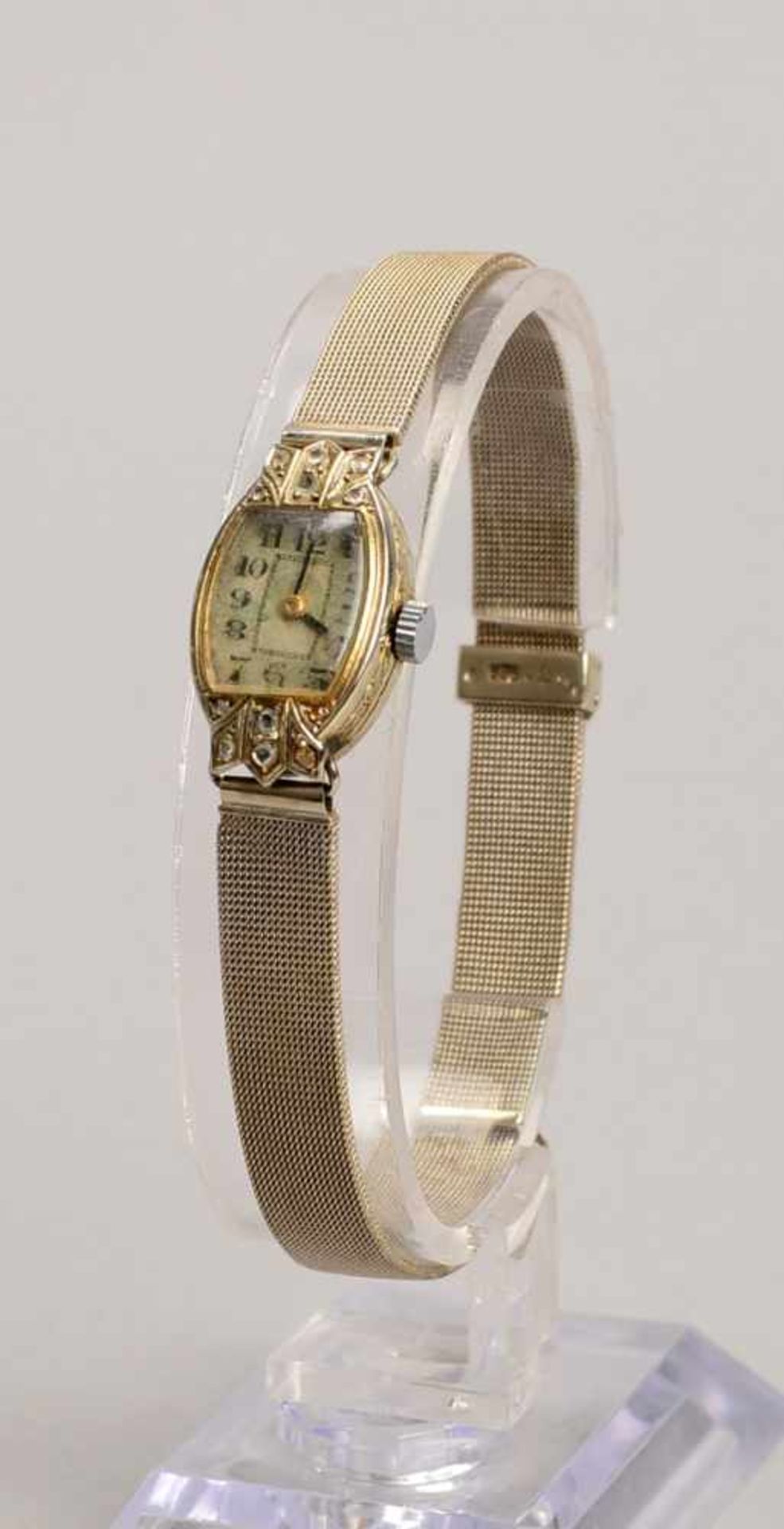 Damen-Armbanduhr, Art déco, 750 WG-Gehäuse, besetzt mit kleinen Diamantrosen, an 585 WG-Armband/ - Bild 2 aus 2