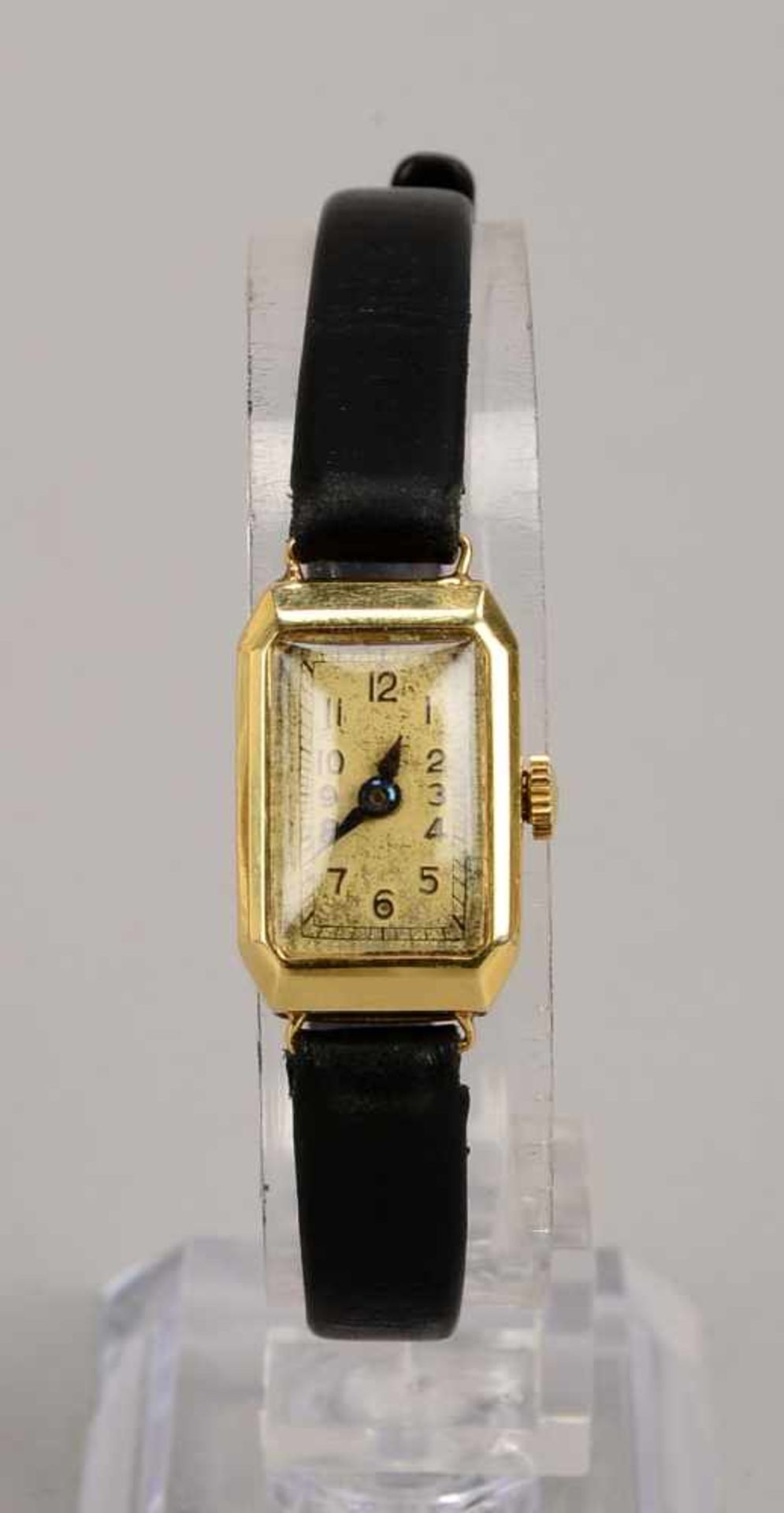 Damen-Armbanduhr, 585 GG, rechteckiges Gehäuse, Uhr läuft an, an schwarzem Lederarmband; Maße - Bild 2 aus 2