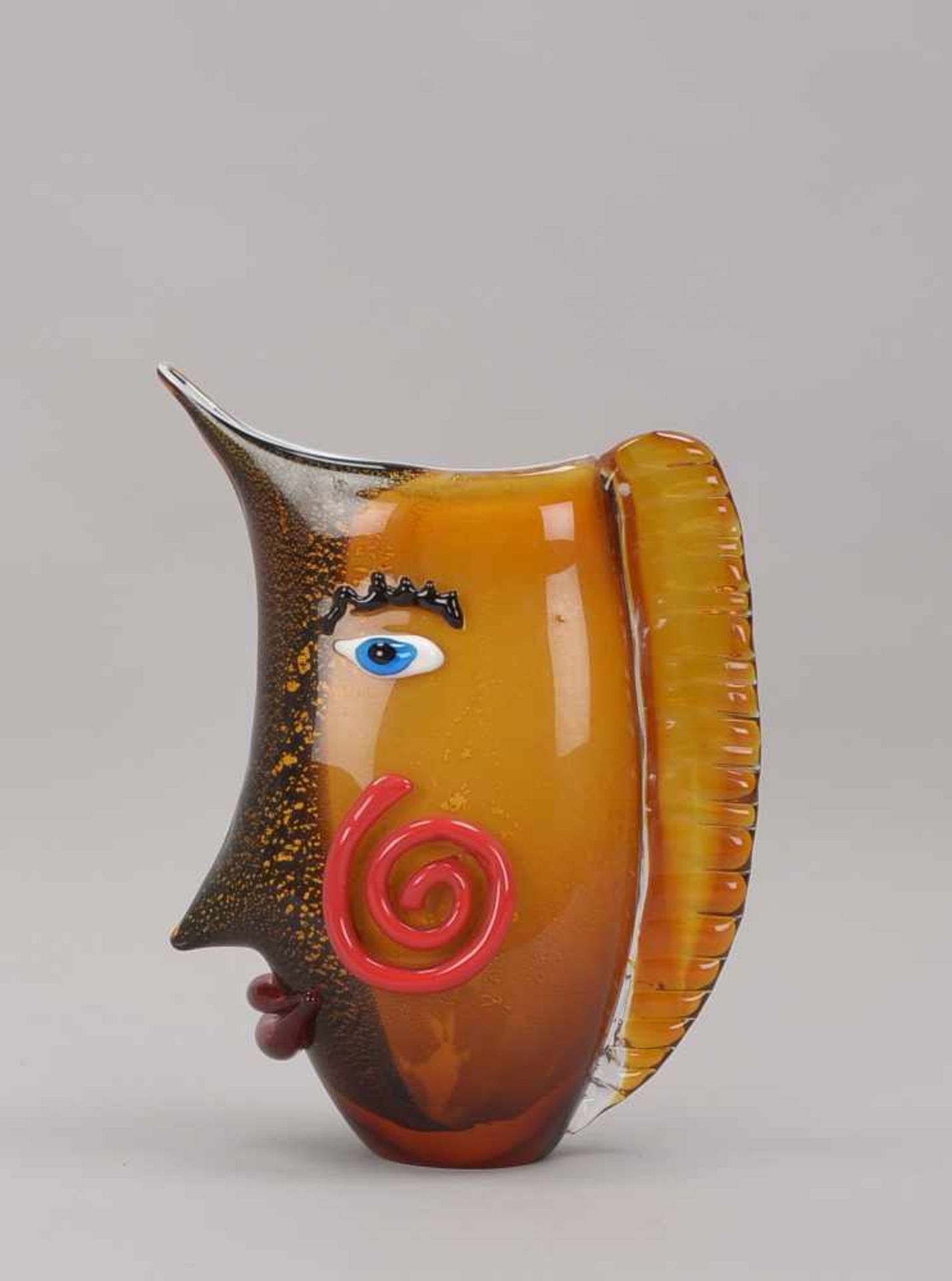 Figürliche Glasvase, 'Gesicht', orange-braunes Glas mit Goldflitter-Einschmelzungen, weißer