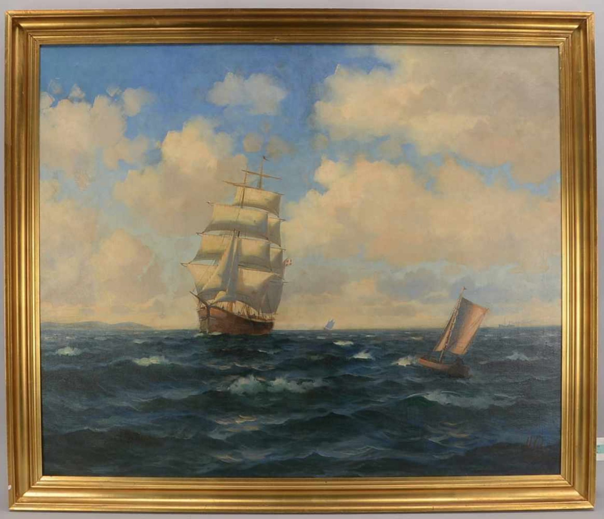 Gemälde, 'Segelschiff in voller Fahrt', Öl/Lw, unten rechts monogrammiert 'WB'; Bildmaße 101 x 121