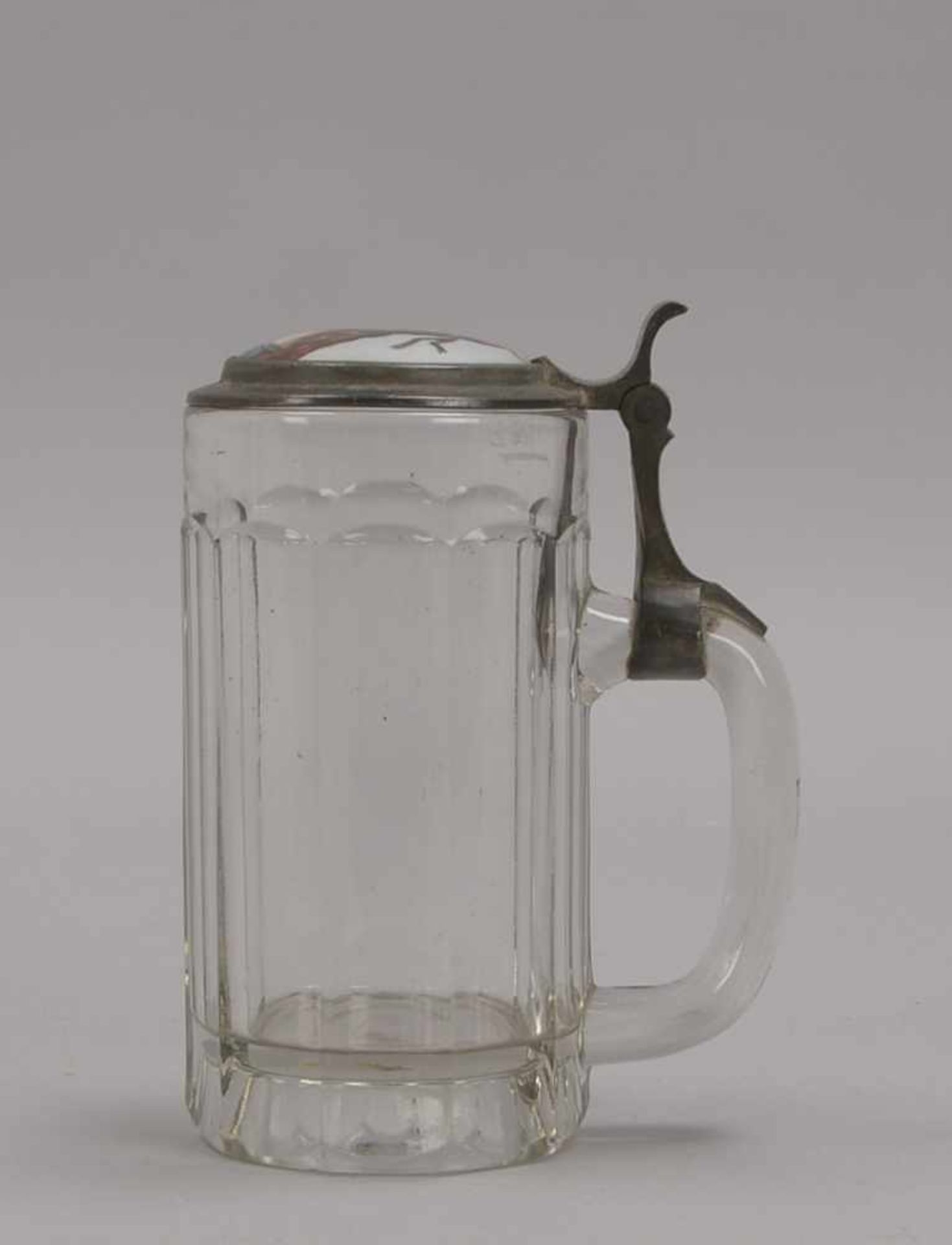 Bierkrug, Glas, mit Zinn-Deckel/mit eingelassener Porzellanmalerei ('Frauenbildnis'); Höhe 18,5 - Bild 2 aus 2