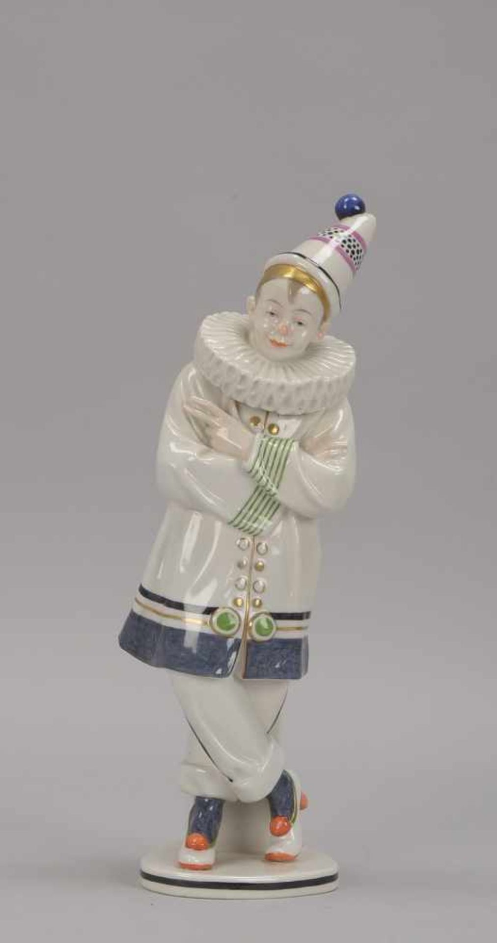 ENS Mühlenmarke, Porzellanfigur, 'Weißer Clown', farbig gefasst und mit Golddekor, Entwurf: A.