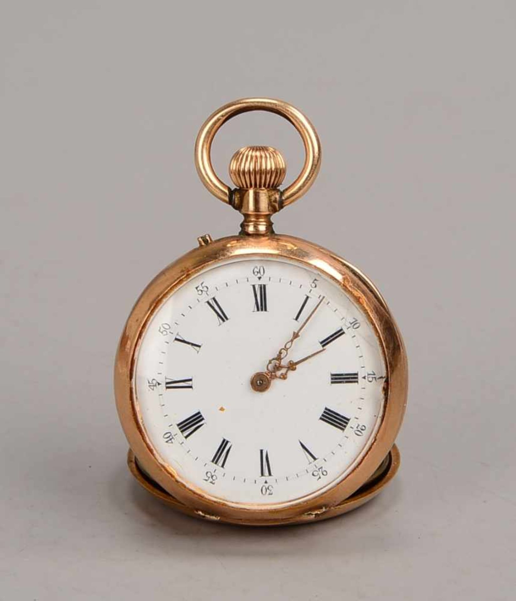 Taschenuhr, Remontoir, 750 Roségold, Außendeckel innen mehrfach punziert, Uhr läuft an;