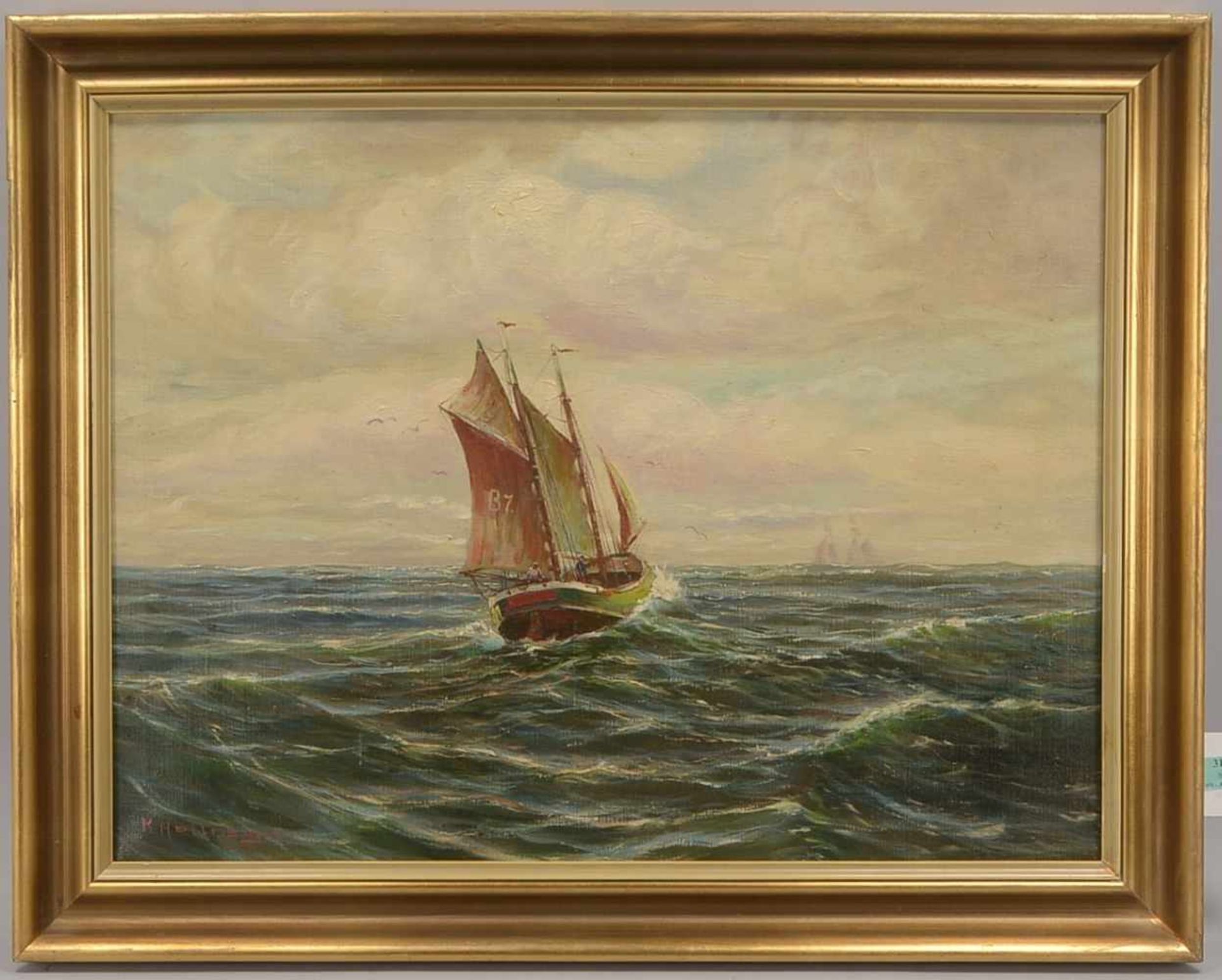 Hellnagel, K., Gemälde, 'Kutter B7 auf See', Öl/Lw, signiert; Bildmaße 50 x 65 cm, Rahmenmaße 60 x