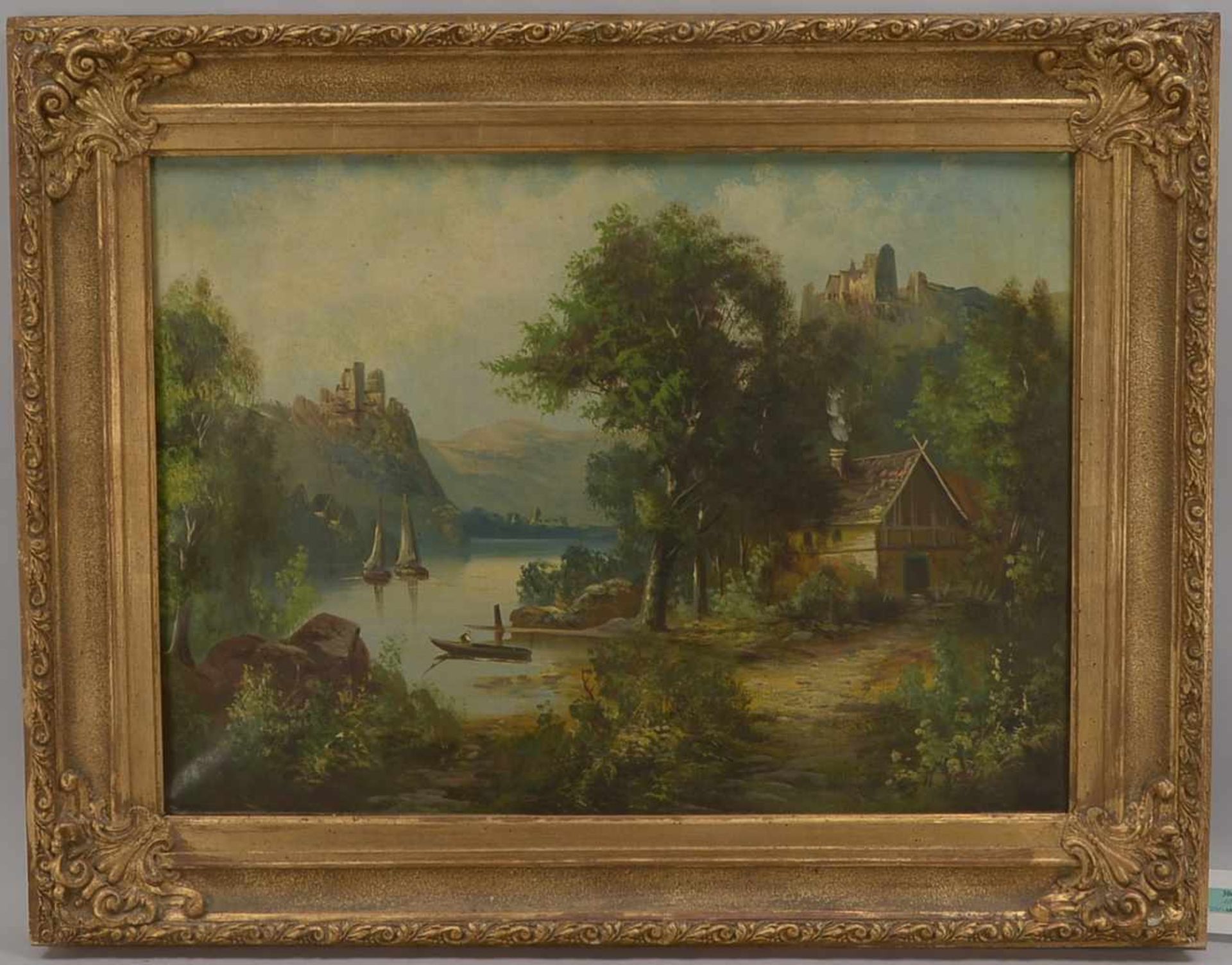 Grüßer, H. (Landschaftsmaler der Spätromantik), 'Gebirgssee mit Ruinen', Öl/Lw, unten rechts