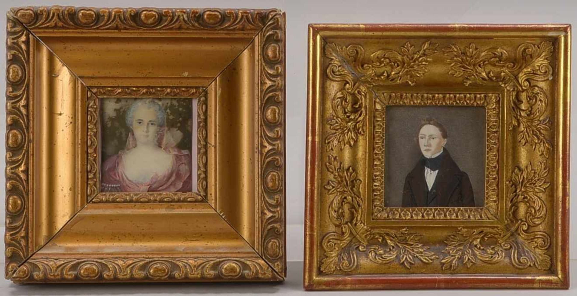 2 Miniatur-Portraits, 'Damenbildnis' und 'Herrenbildnis', sehr feine Ausführung; 1x Bildmaße ca. 7 x
